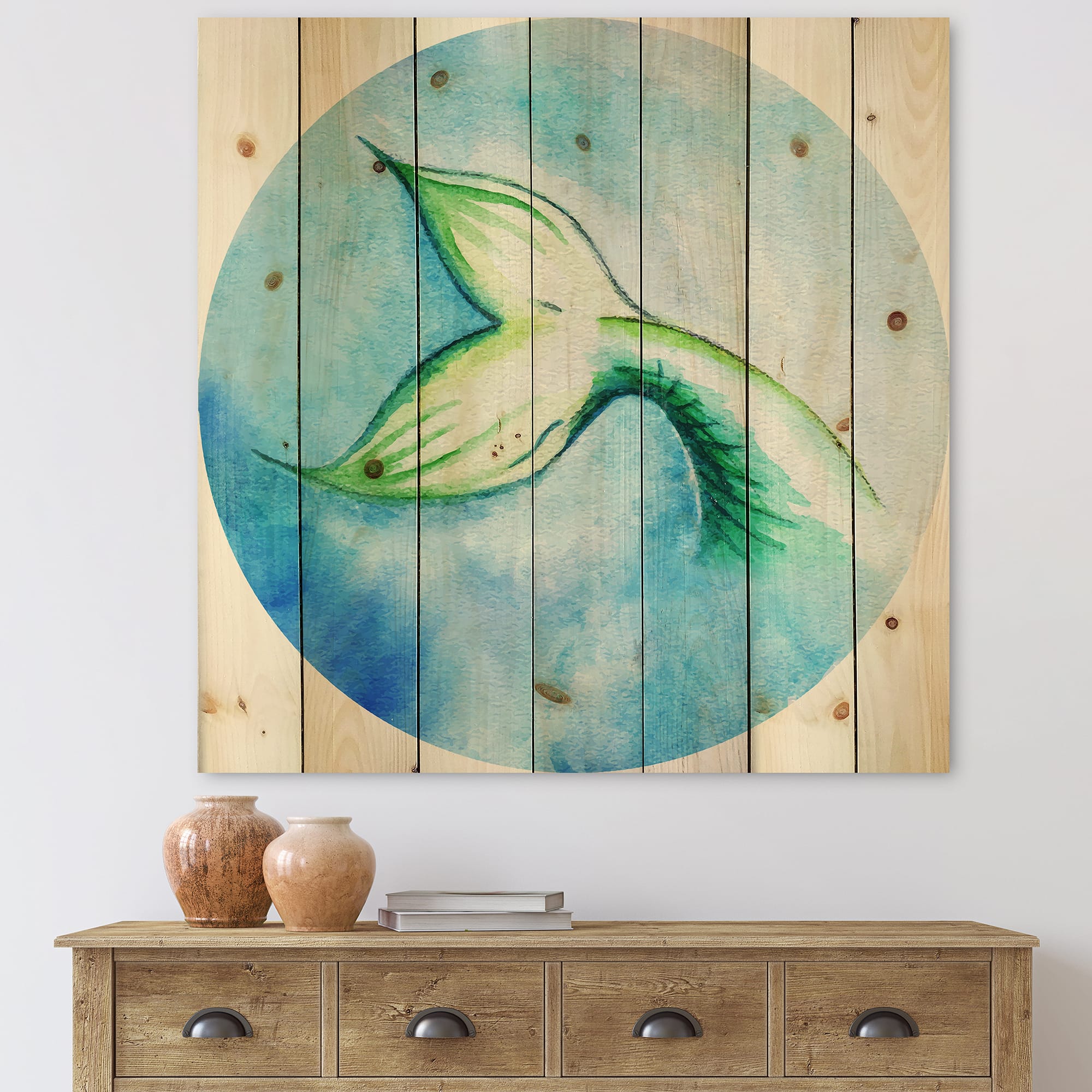 Designart - Mermaid Fish Tail - Nautical & Coastal Print on Natural Pine Wood