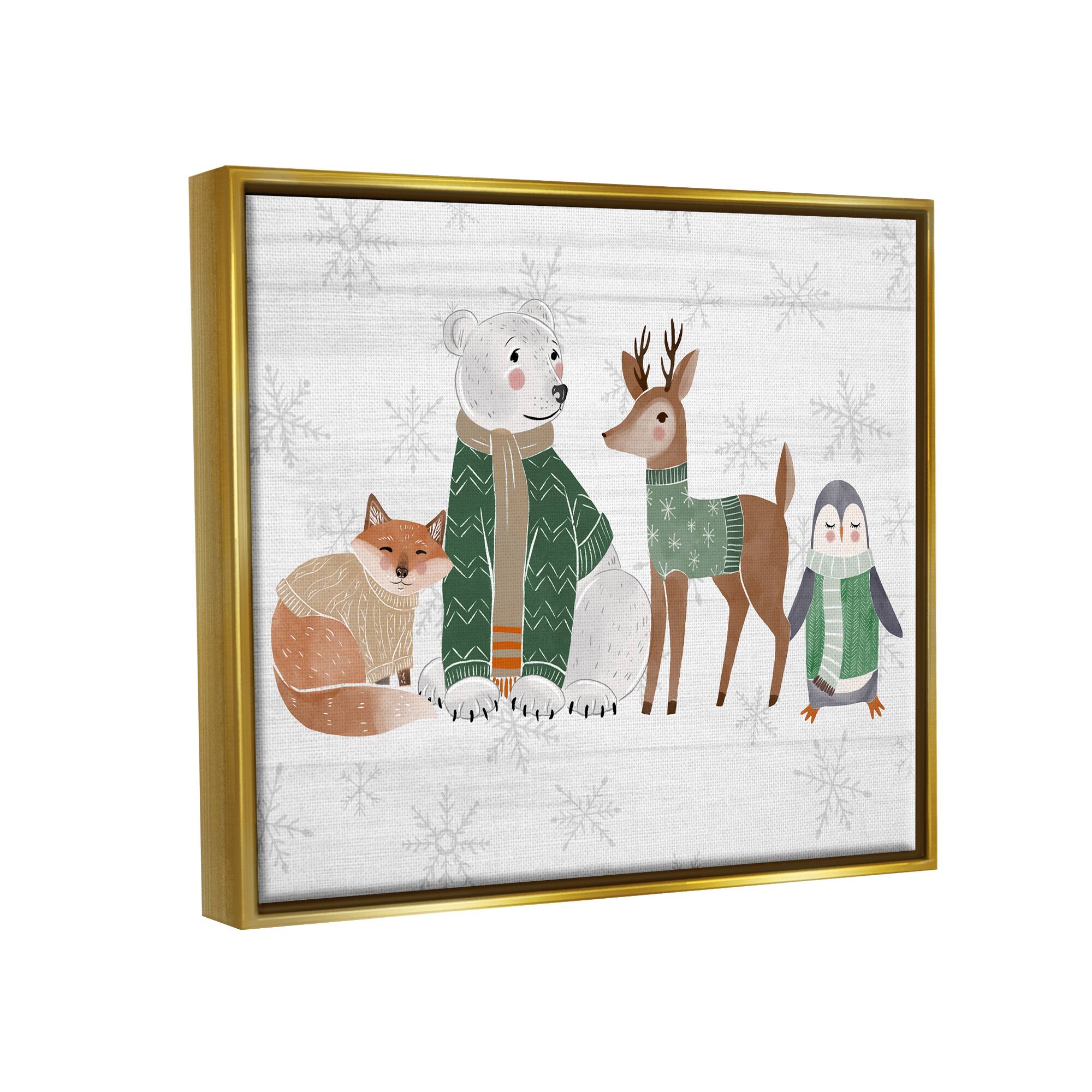 Stupell Industries Winter Wildlife Animals Snowflakes Framed Floater Canvas Wall Art