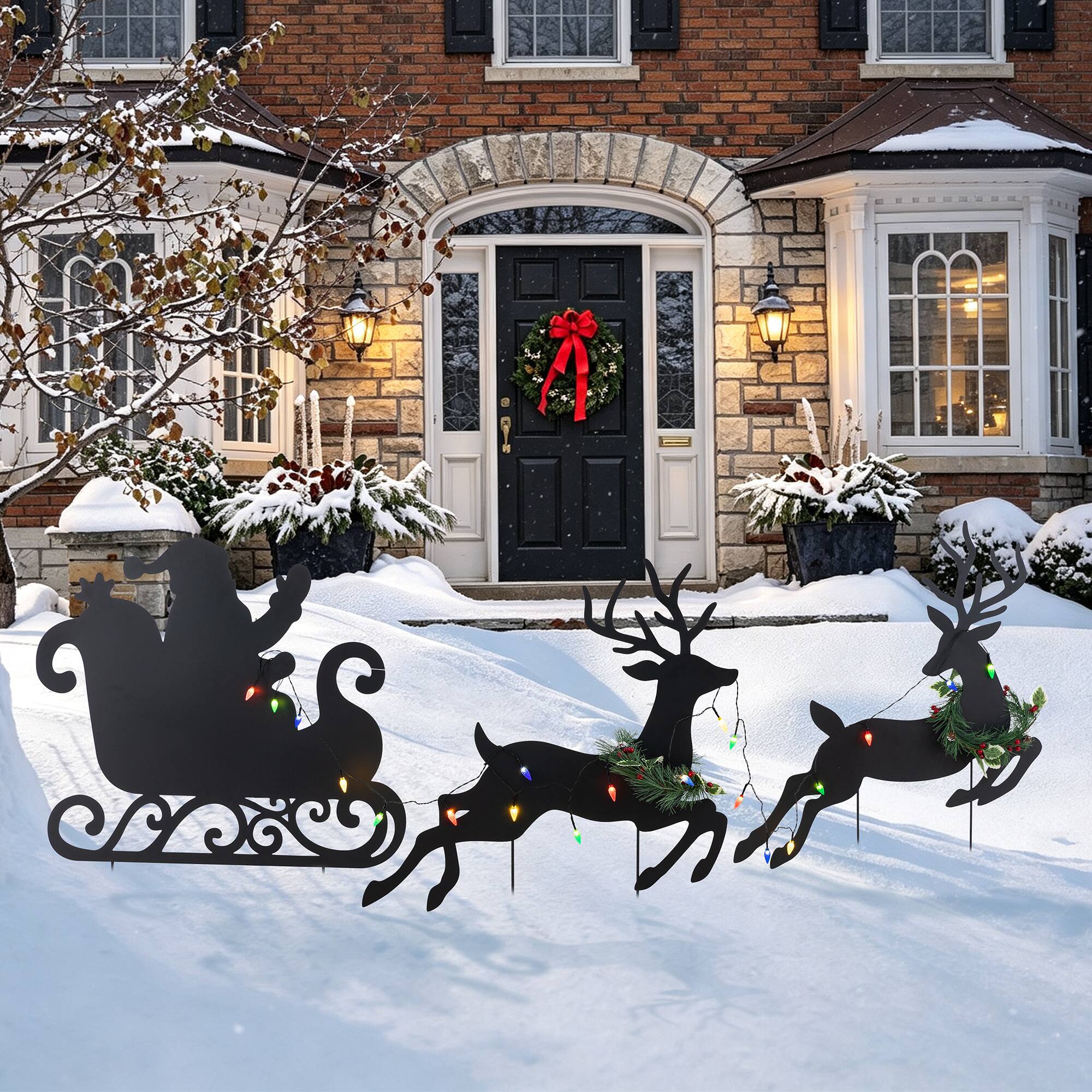 Glitzhome® 36" Set of 3 Christmas Lighted Metal Reindeer & Santa Sleigh Yard Stake with Timer