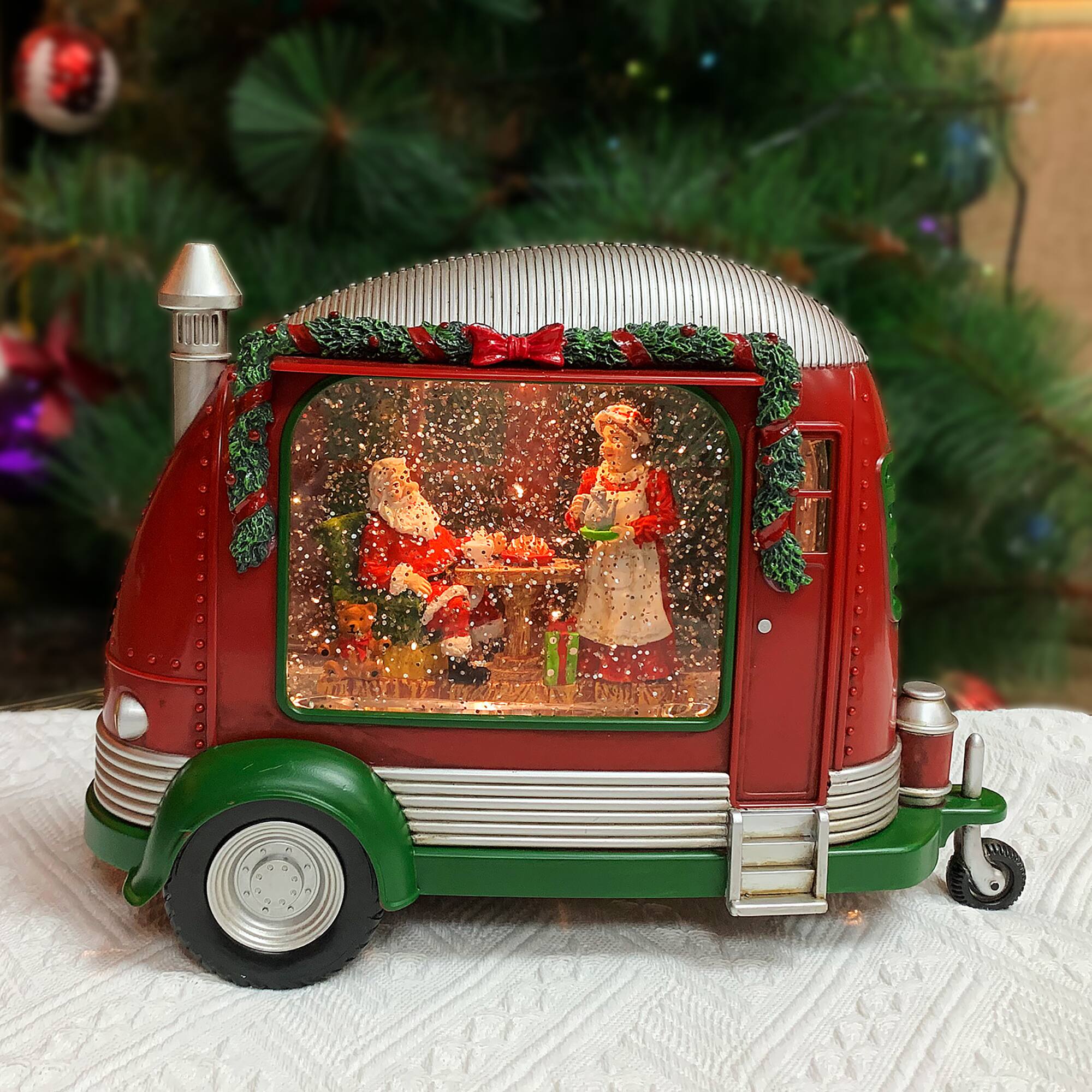 Moments in Time 6.8" Acrylic Camper with Santa & Mrs. Claus Scene Décor