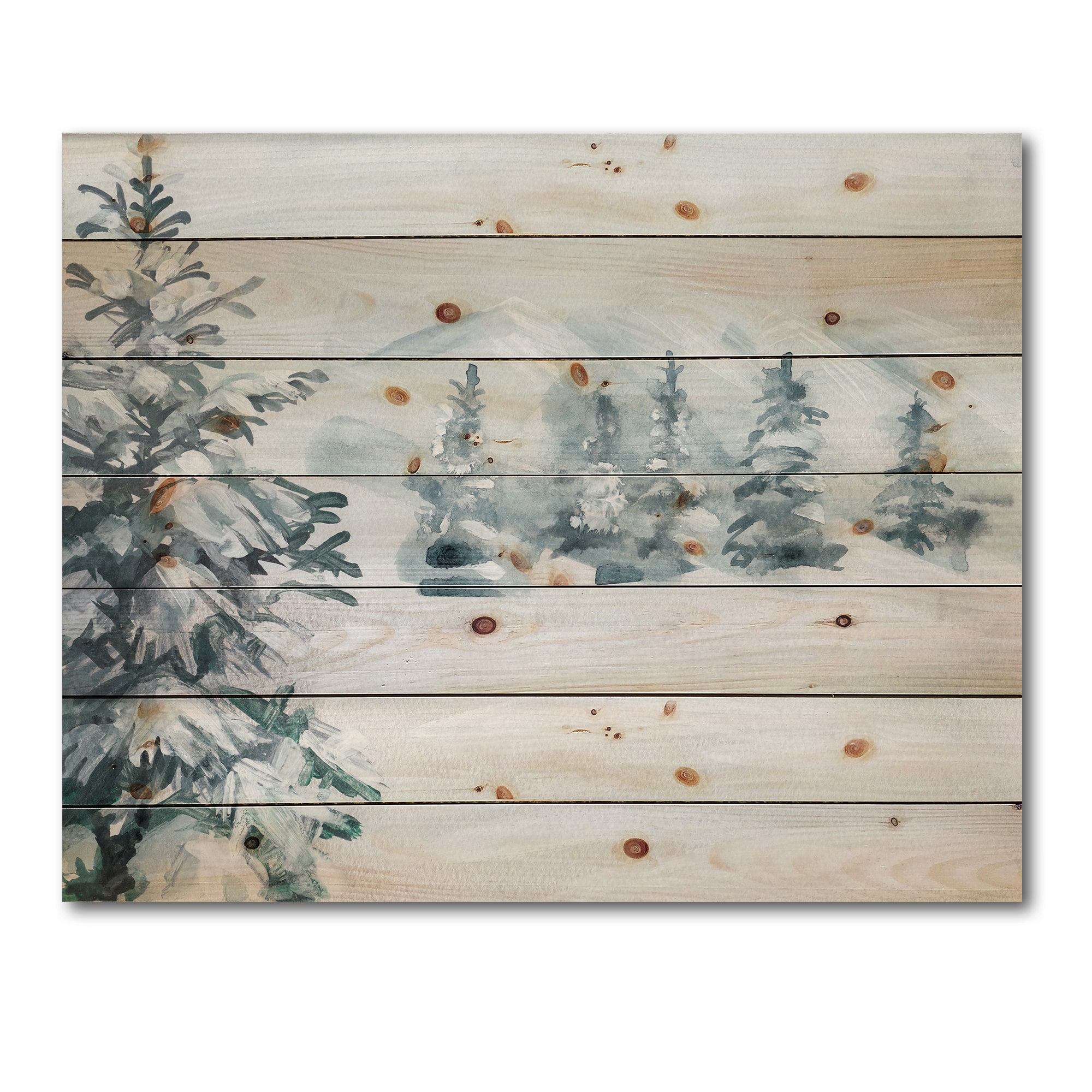 Designart - Snowy Pine Trees - Traditional Print on Natural Pine Wood