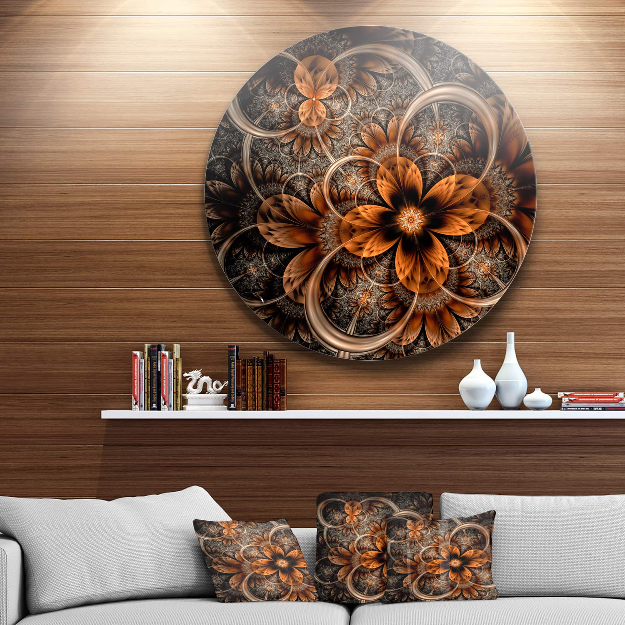 Designart - Dark Orange Digital Art Fractal Flower' Floral Metal Circle Wall Art