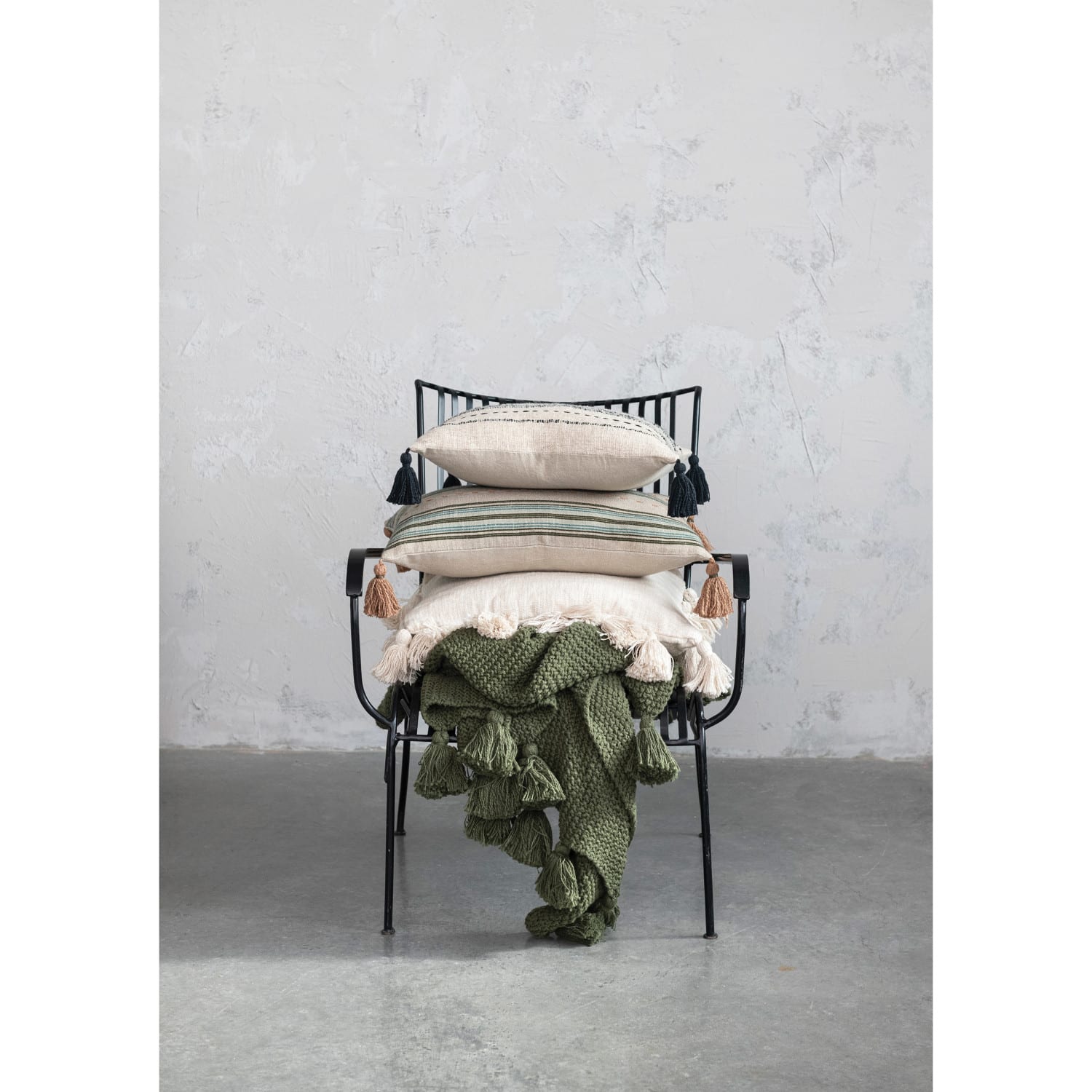 Hello Honey® Hand-Embroidered Stripes Cotton & Linen Blend Pillow with Tassels