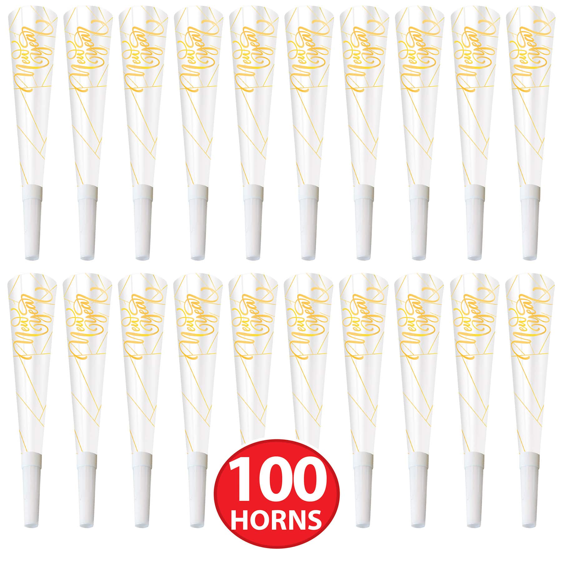 Beistle 9" White & Gold New Year Horns, 100ct.