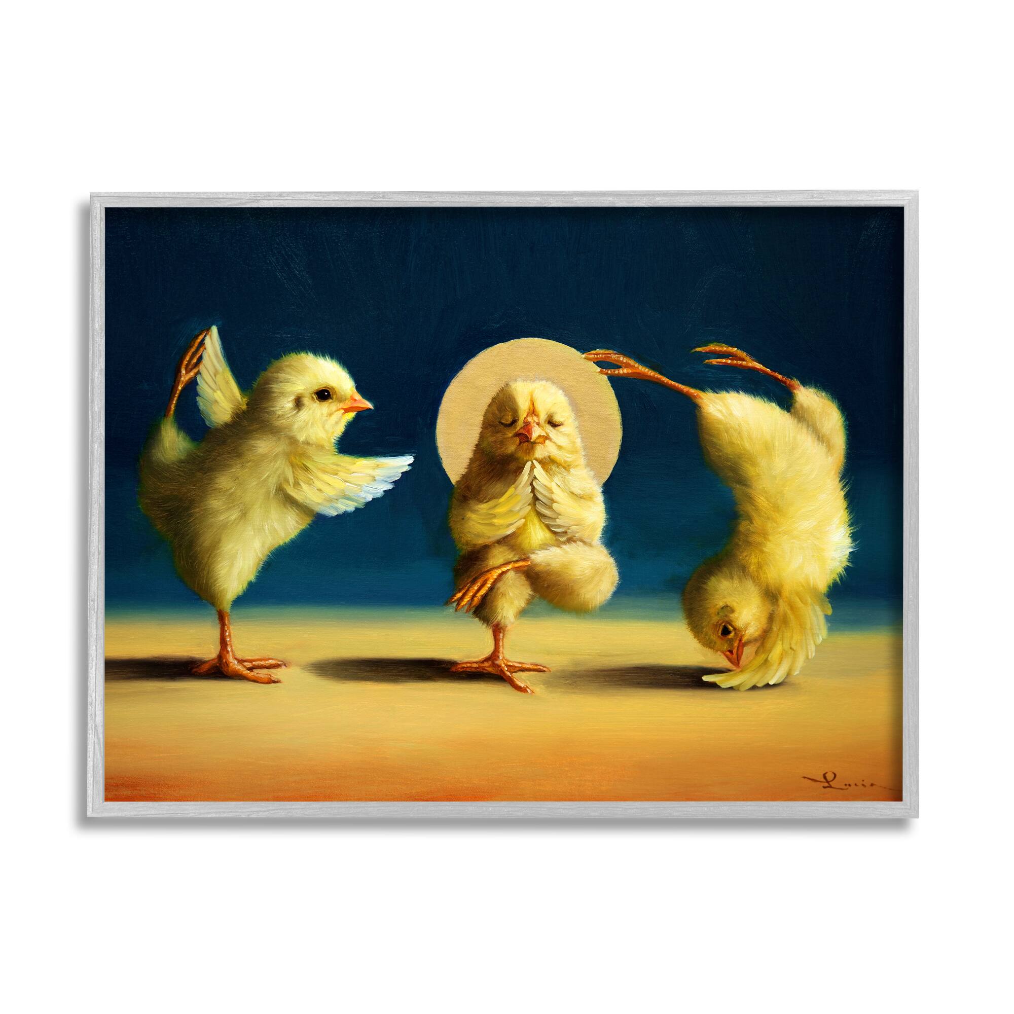 Stupell Industries Three Yellow Chicks Sunset Yoga Stretch Framed Giclee Art