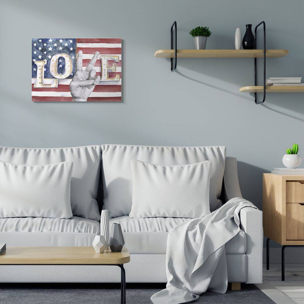Stupell Industries Love Peace Sign Hand American Flag Design Canvas Wall Art