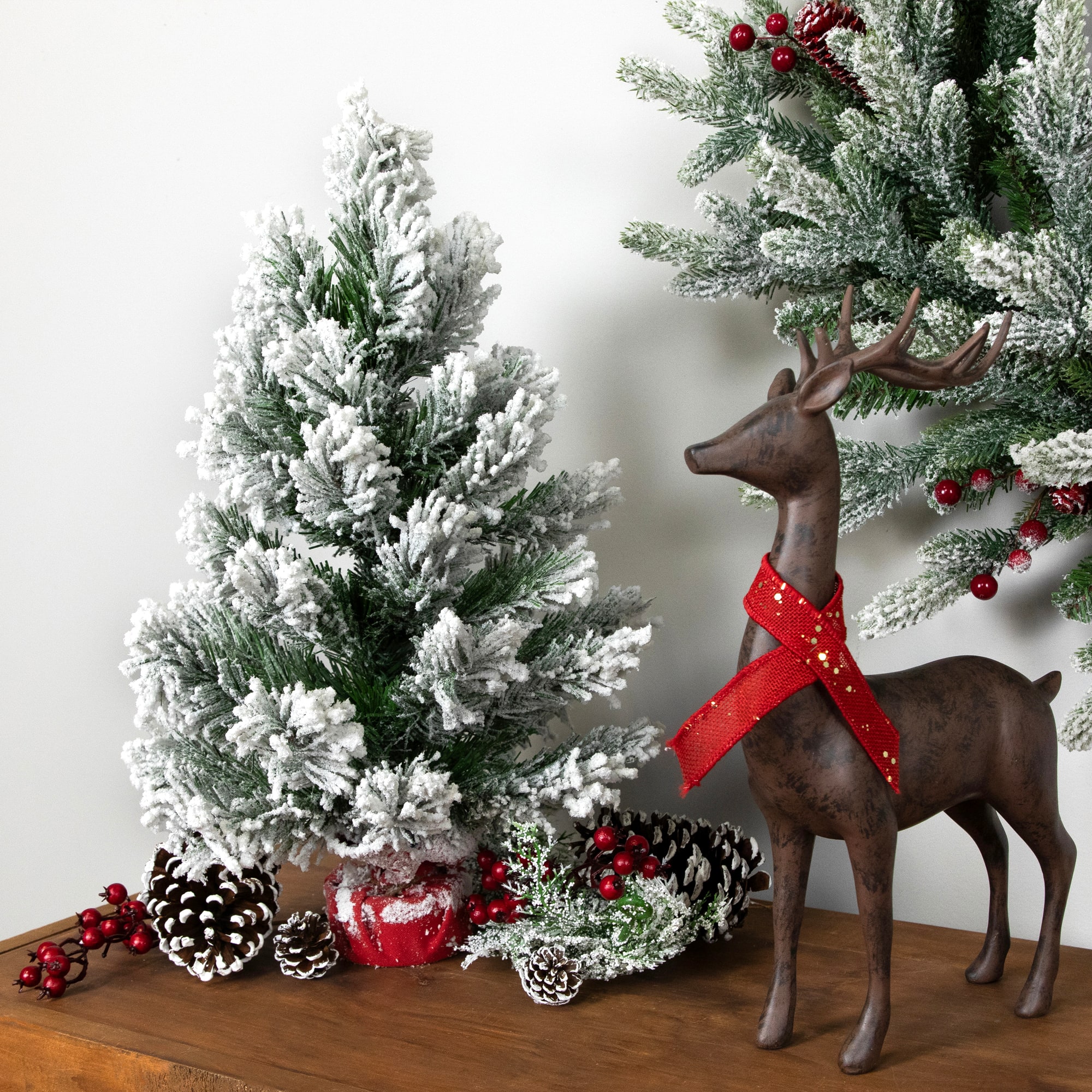 19" Unlit Full Flocked Angel Pine Artificial Mini Christmas Tree in Red Fabric Base