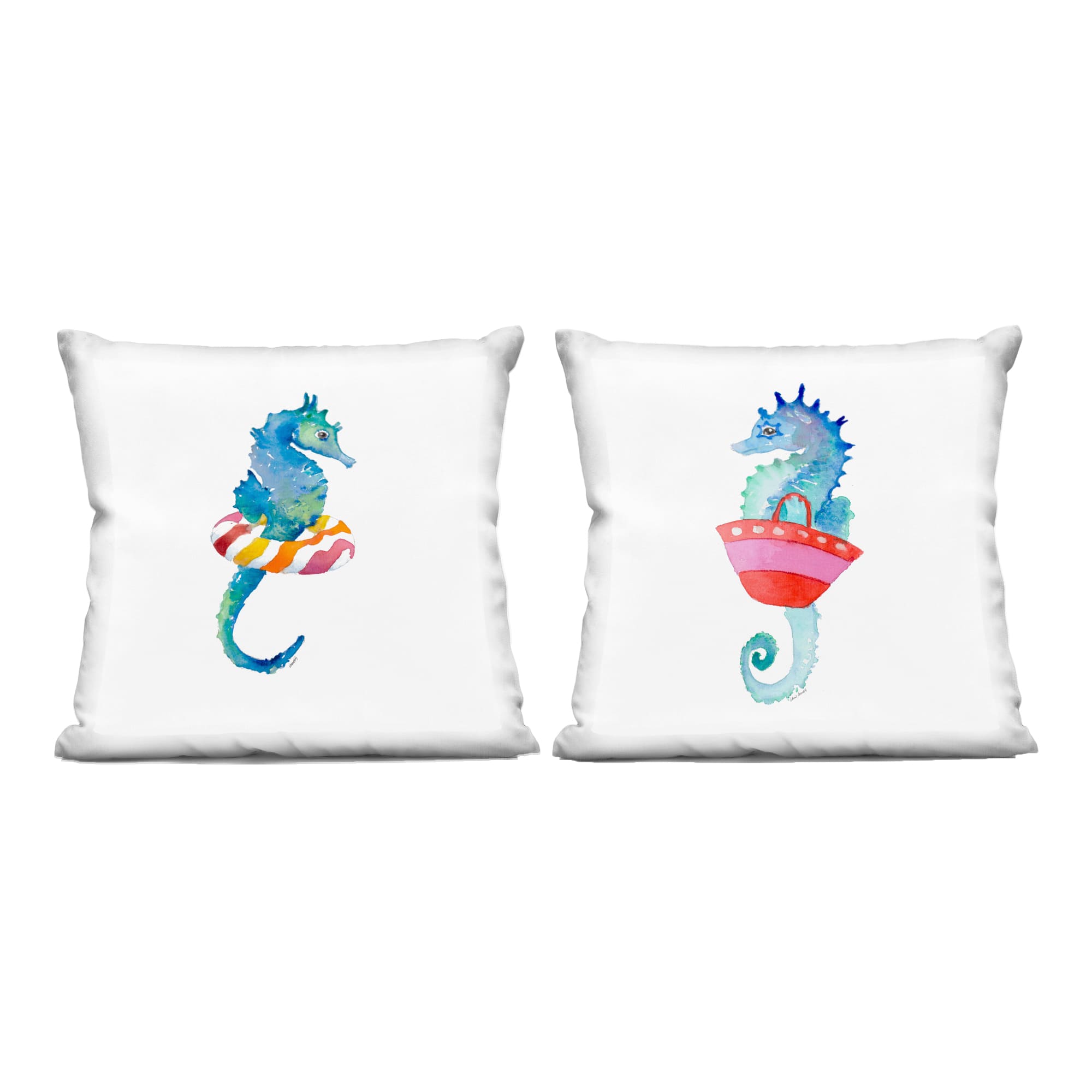 Stupell Industries 18" x 18" Printed Blue Seahorses Beach Red Attire Float Decorative Indoor Pillows, 2ct.