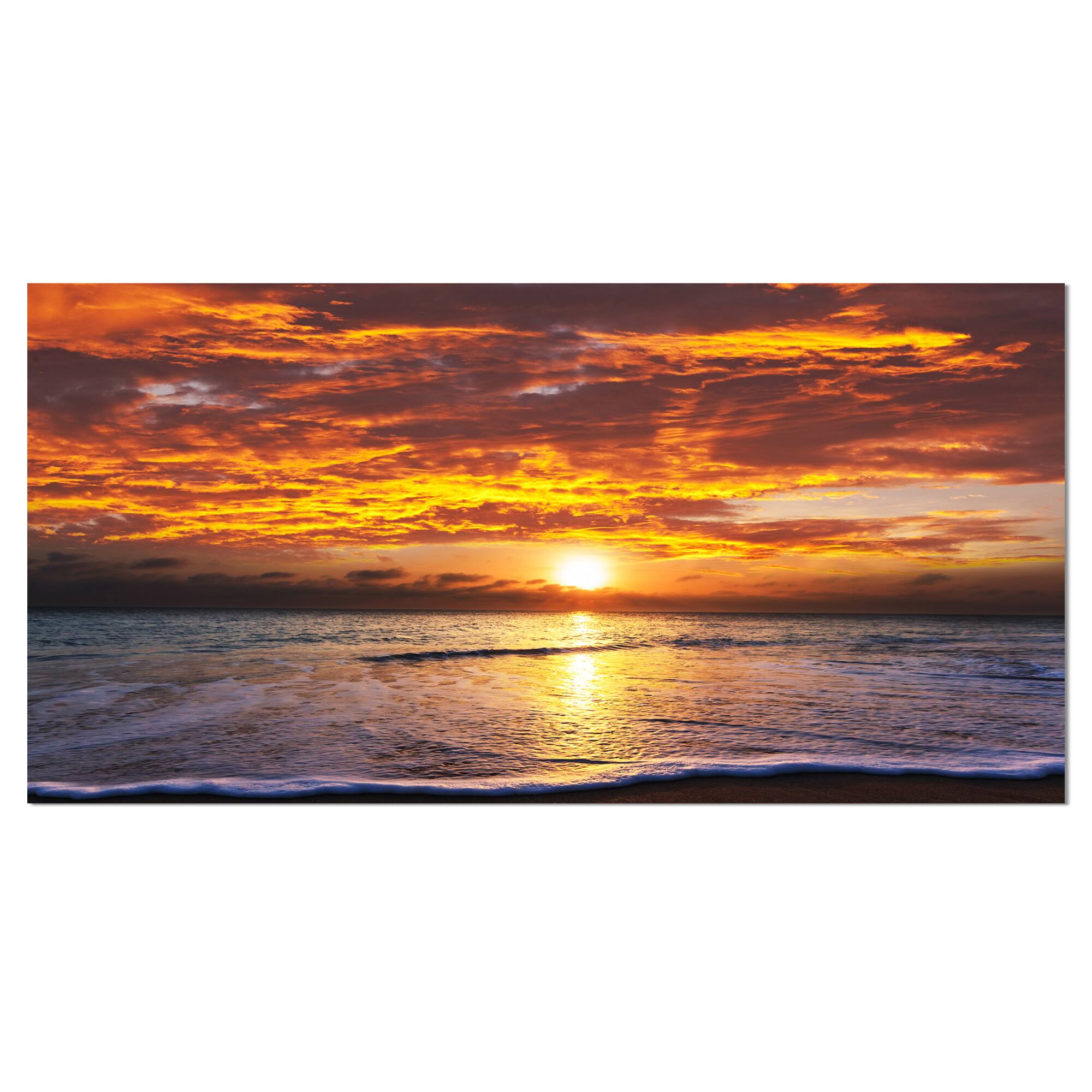 Designart - Yellow Sunset above Foaming Waves - Modern Beach Canvas Art Print