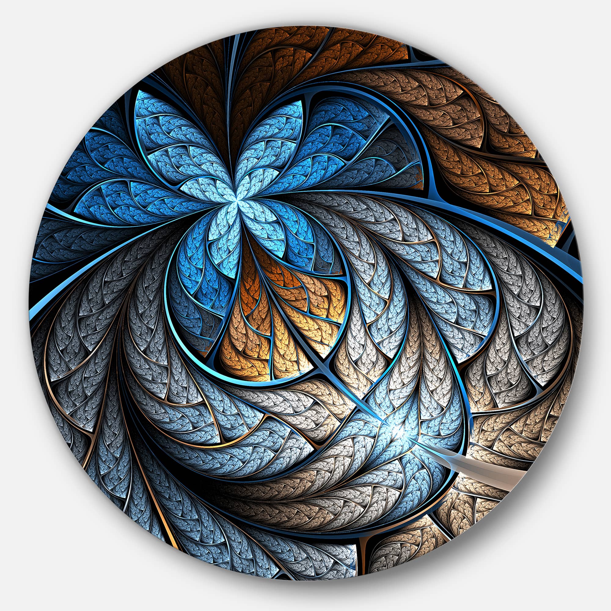 Designart - Blue Brown Fractal Flower Pattern' Floral Circle Metal Wall Art