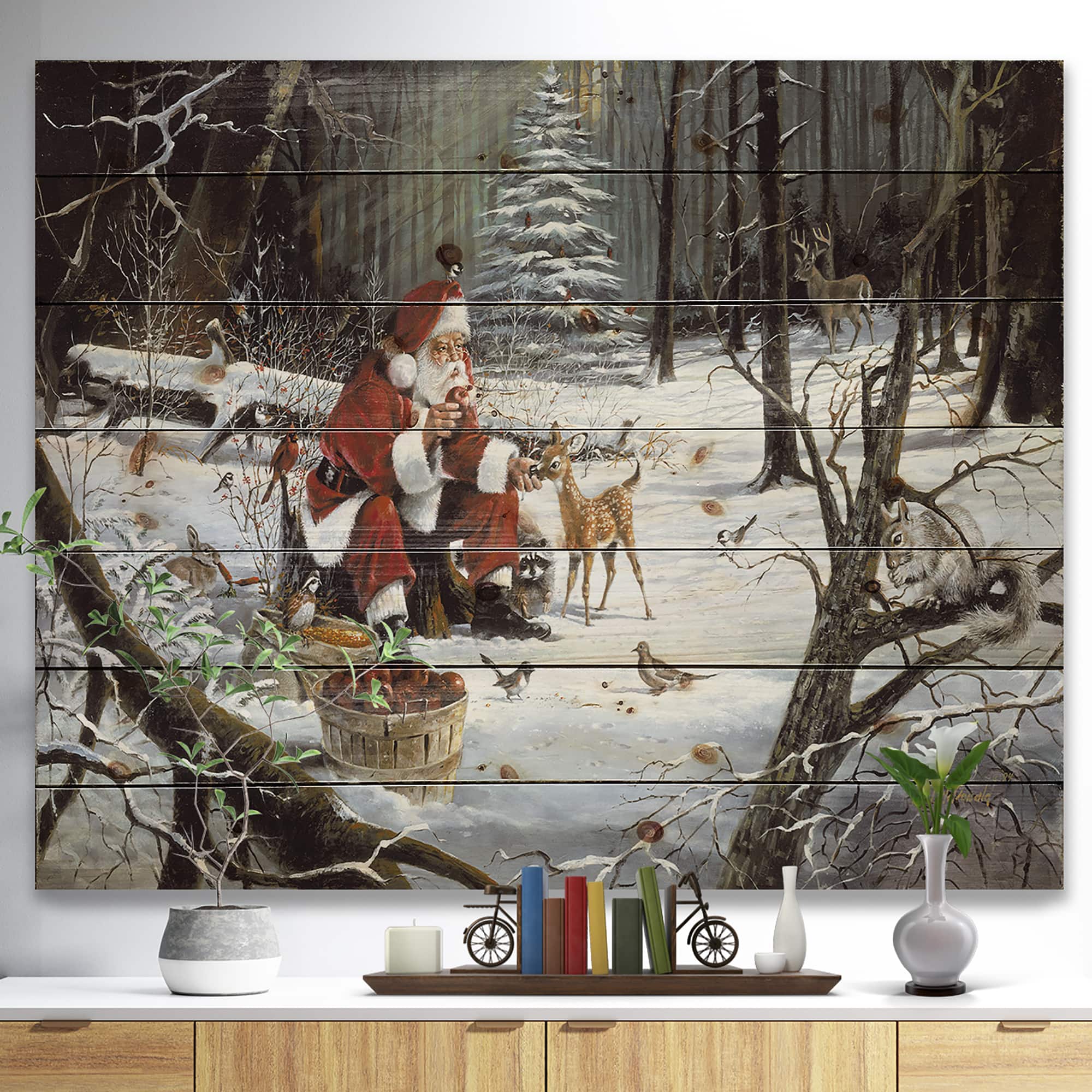Designart - Santa Claus with deer in snowy woods - Print on Natural Pine Wood