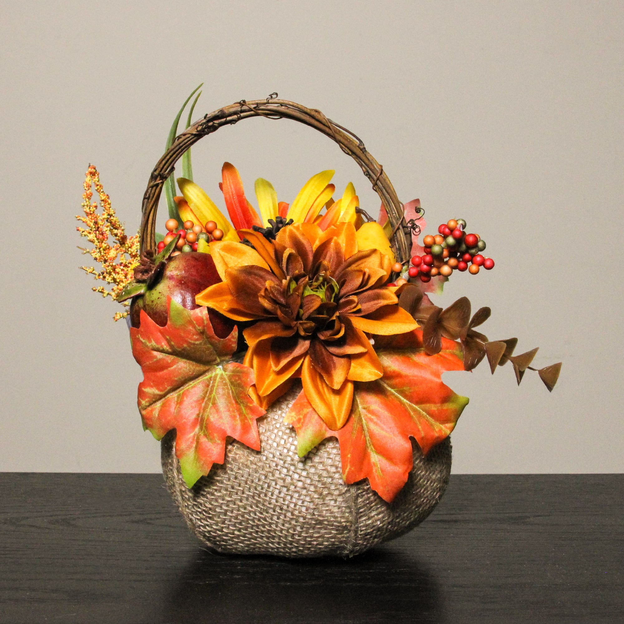 9" Autumn Harvest Burlap Pumpkin with Flowers and Fruit Thanksgiving Decoration