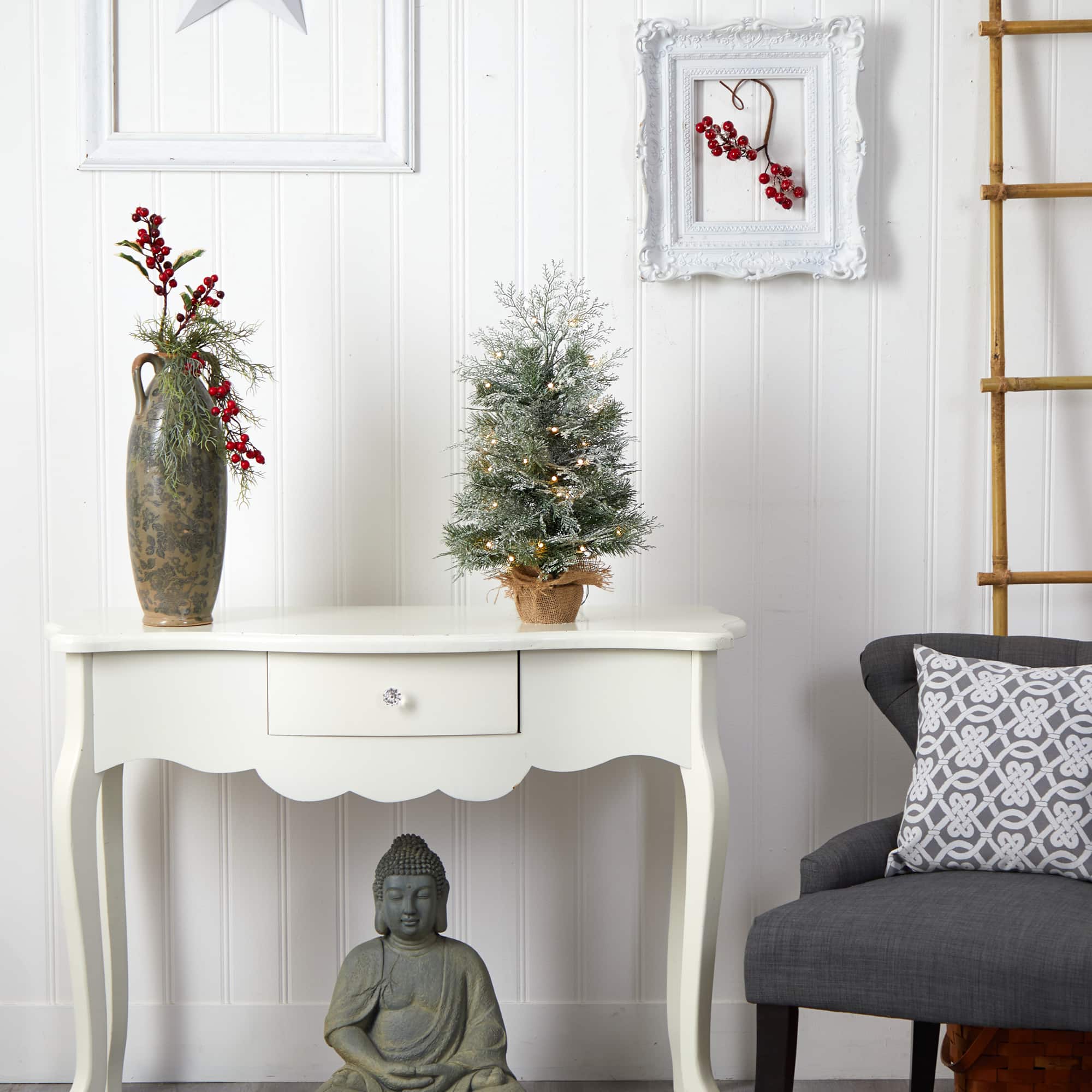 2ft. Pre-Lit Winter Frosted Artificial Christmas Tree in Burlap Base, Warm White LED Lights