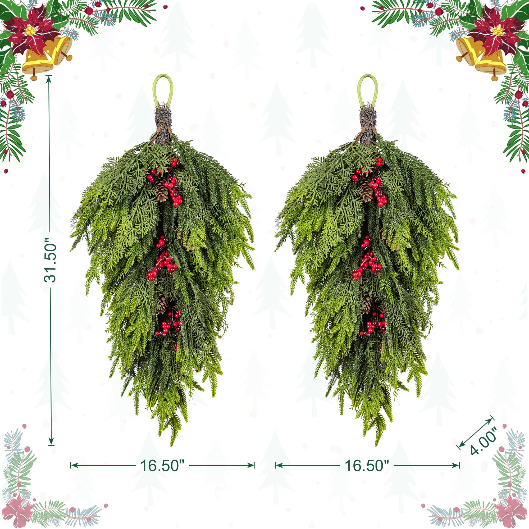 Glitzhome® 31.5" Christmas Greenery PE Dripping Teardrop with Pinecones and Red Berries,Set of 2