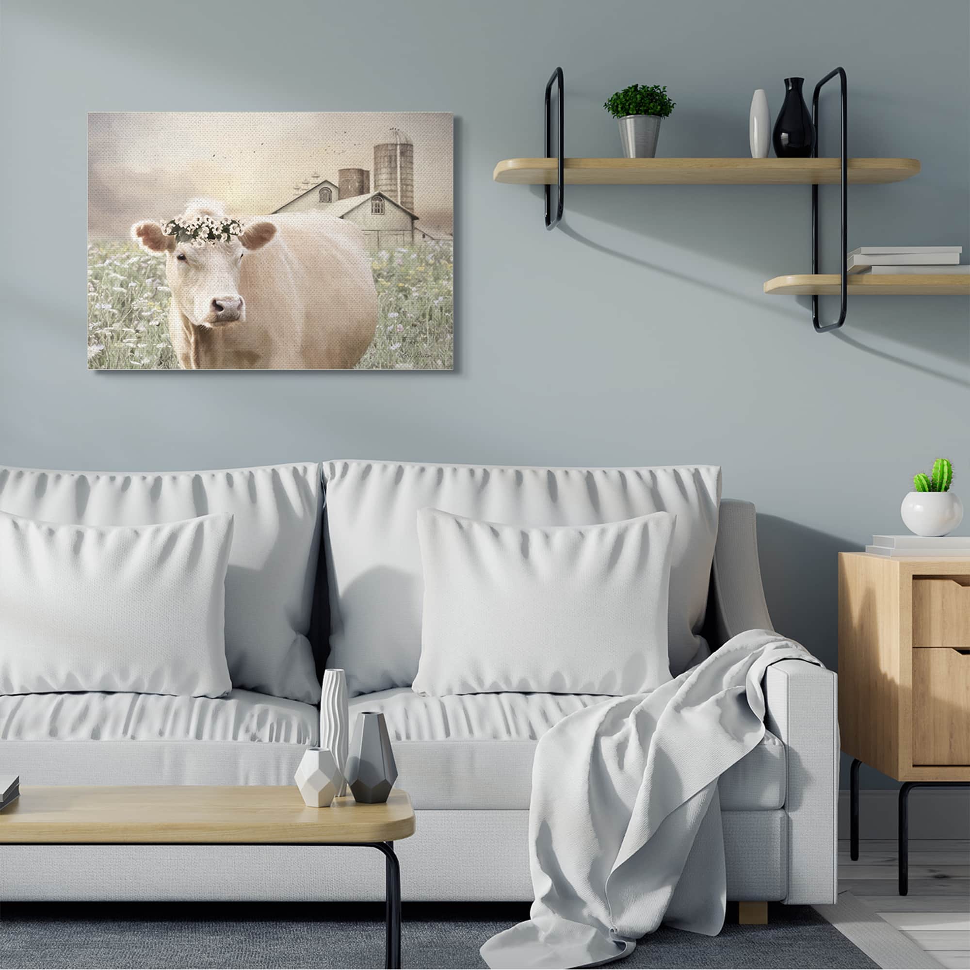 Stupell Industries Realistic Cow Floral Crown Tranquil Farm Field Canvas Wall Art