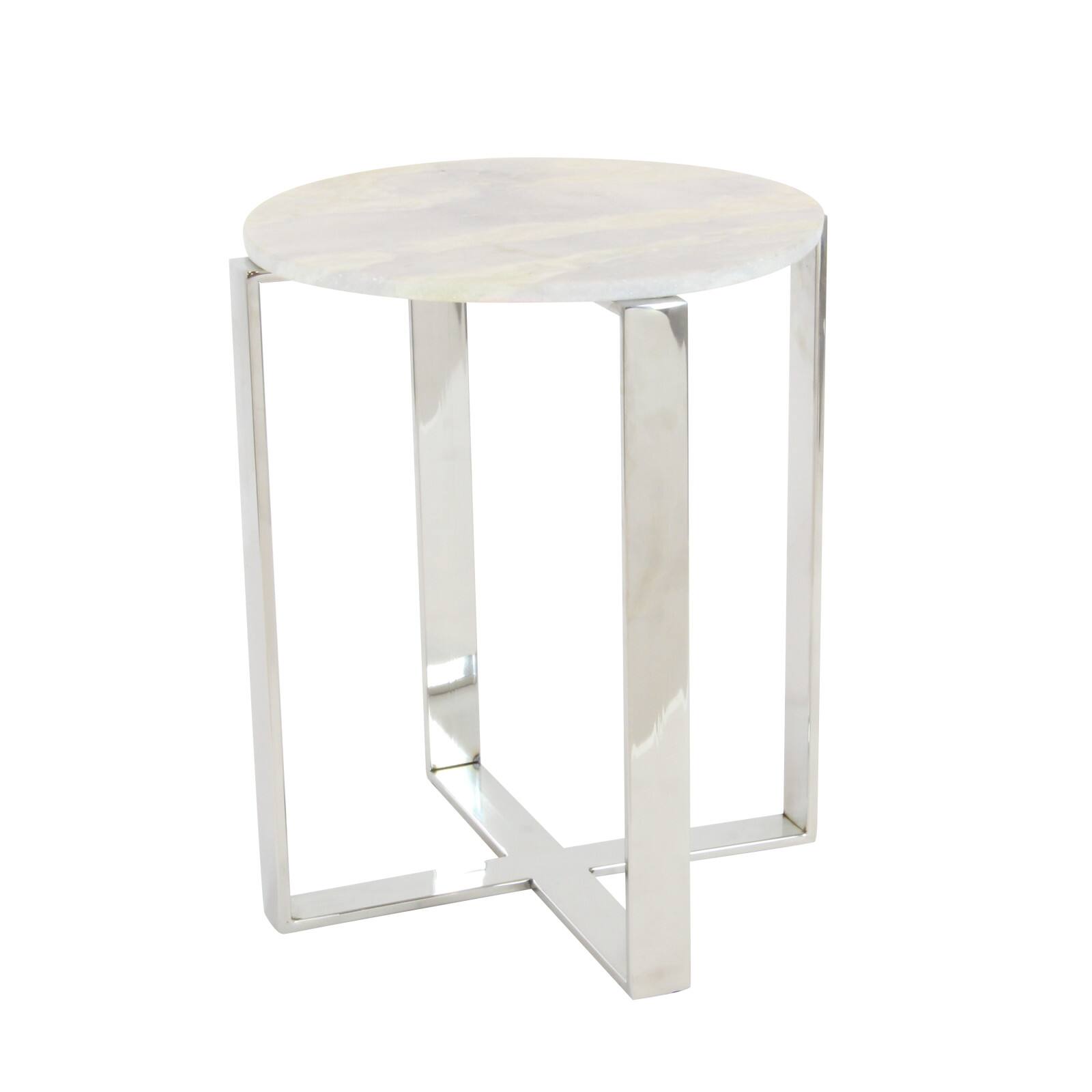 21" White Marble & Stainless Steel Modern Accent Table