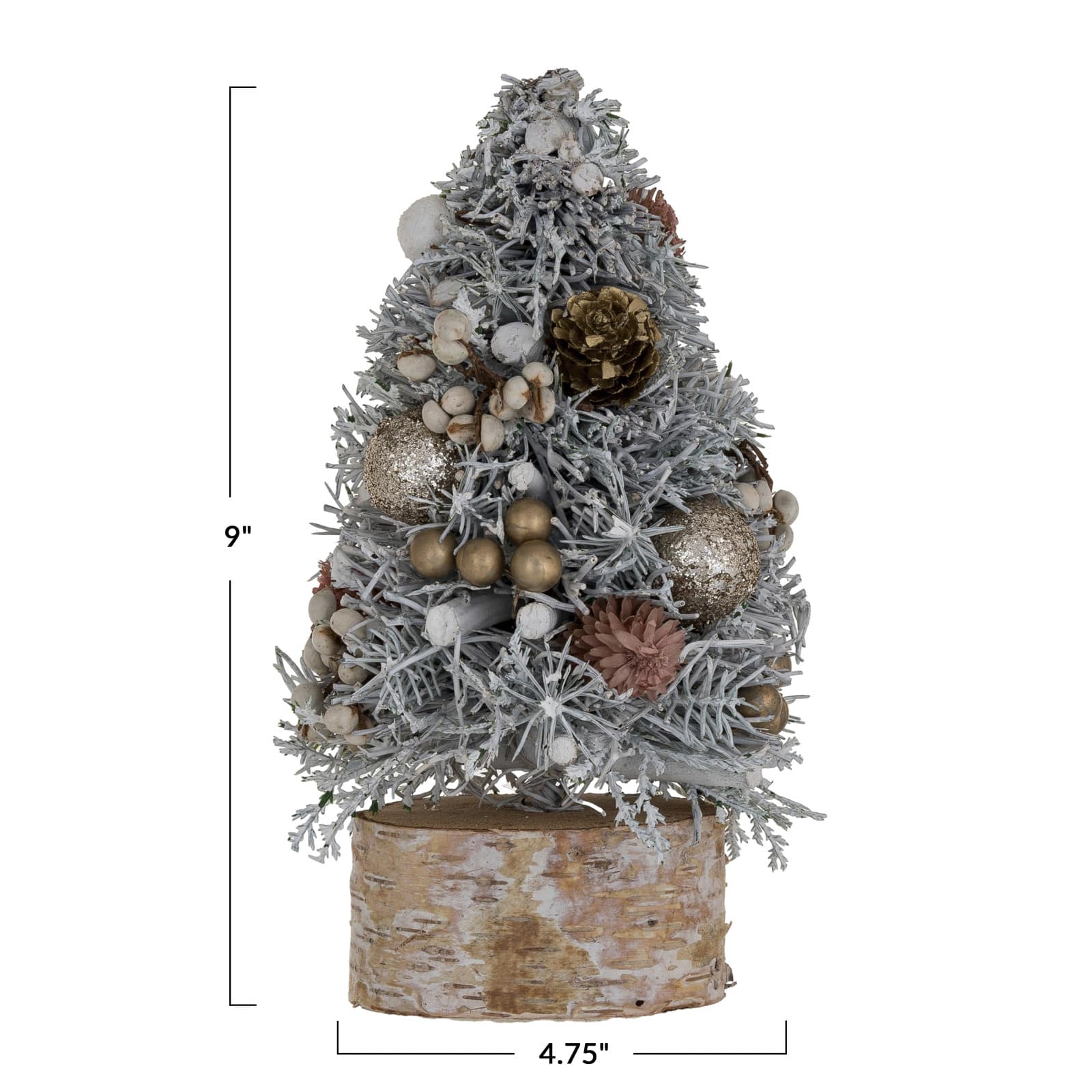 Hello Honey® 9" Frosted Ornaments, Pinecones & Glitter Christmas Tree with Wood Slice Base