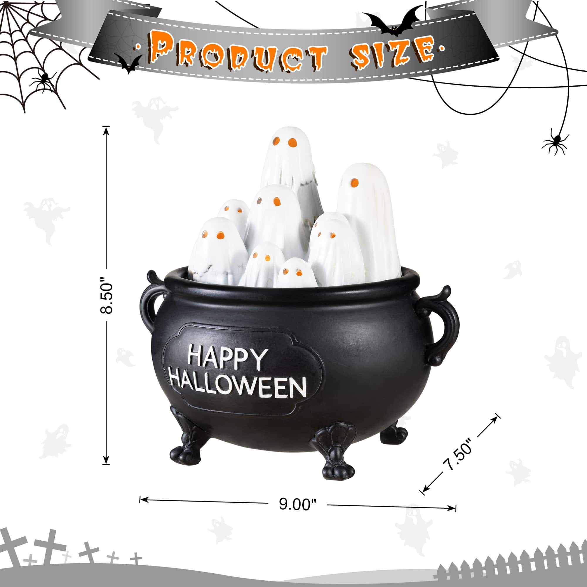 Glitzhome® 9" Halloween Lighted Polyresin Ghosts in Cauldron Table Decor with Timer