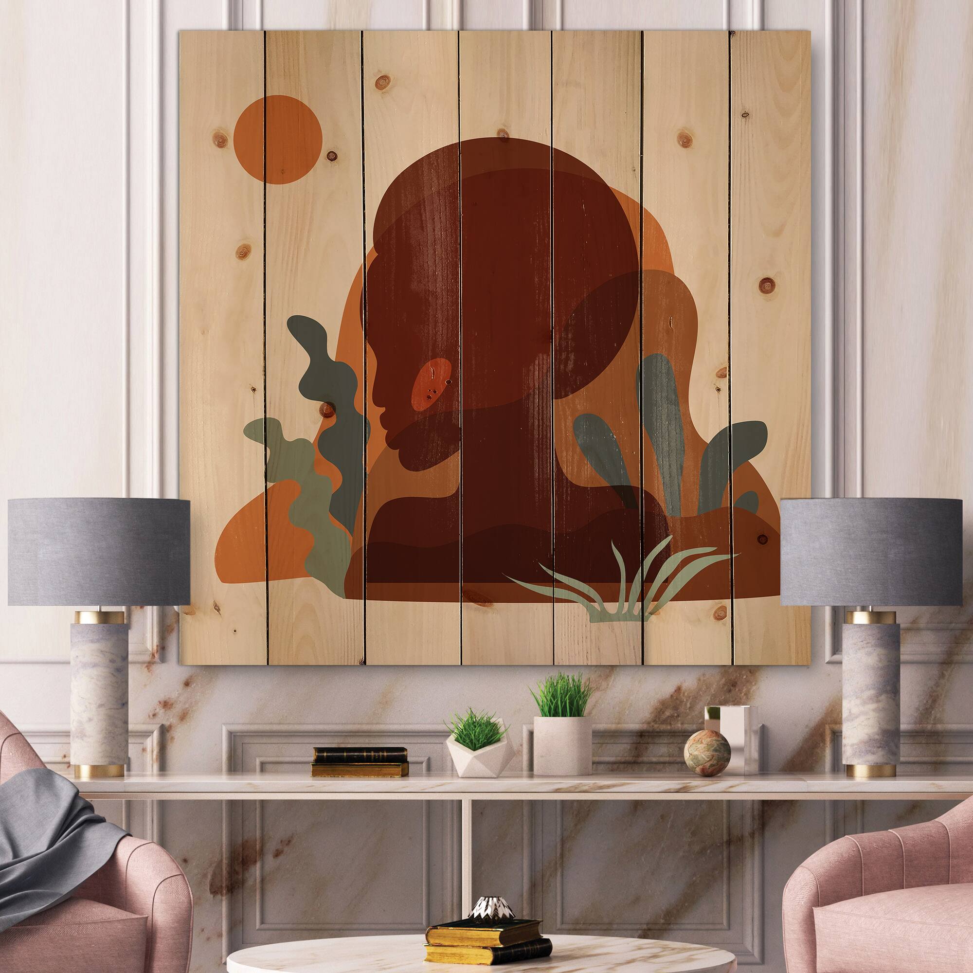Designart - Minimal Silhouette Of Afro American Woman - Modern Print on Natural Pine Wood