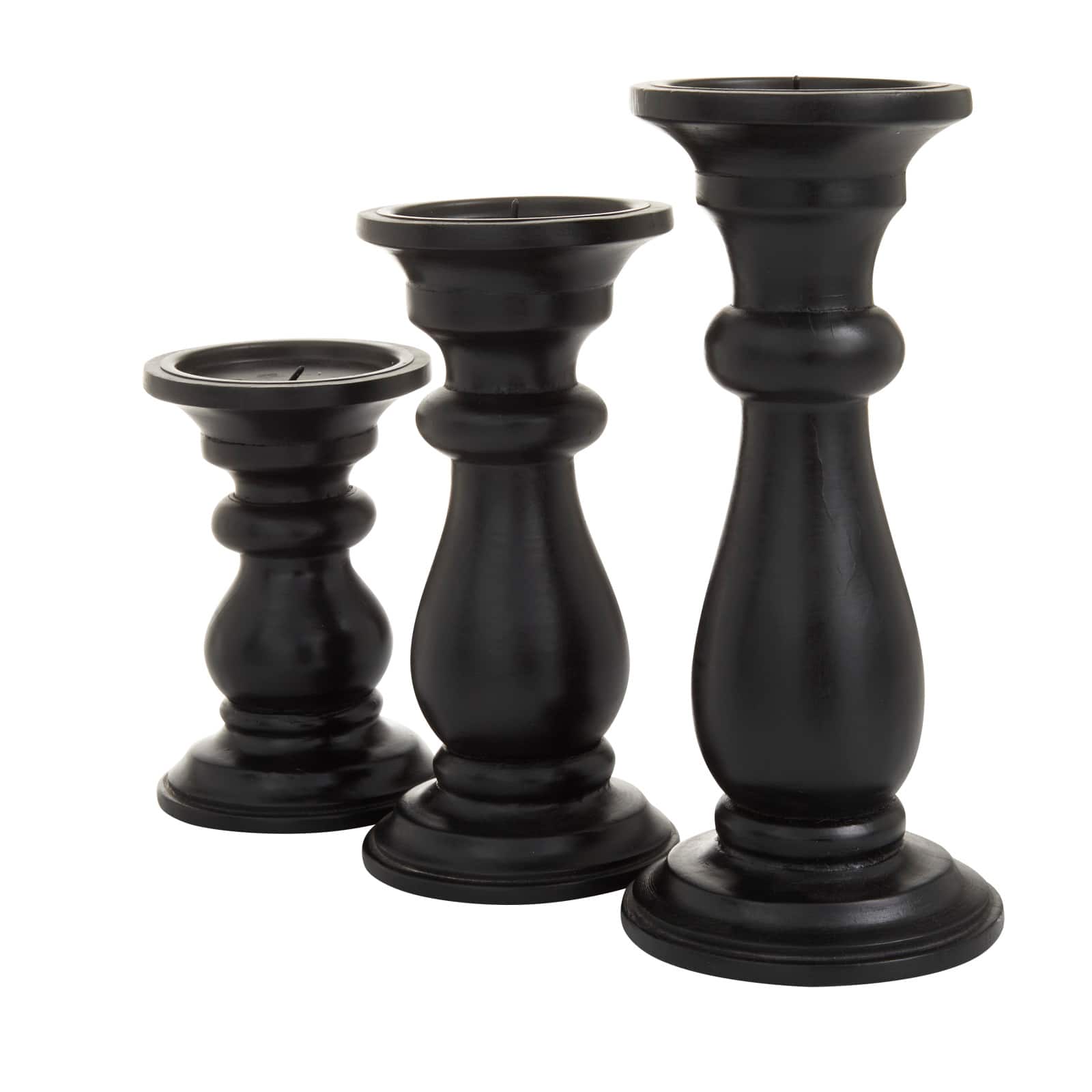 Set of 3 Black Mango Wood Traditional Candle Holders, 10" x 4" x 4"