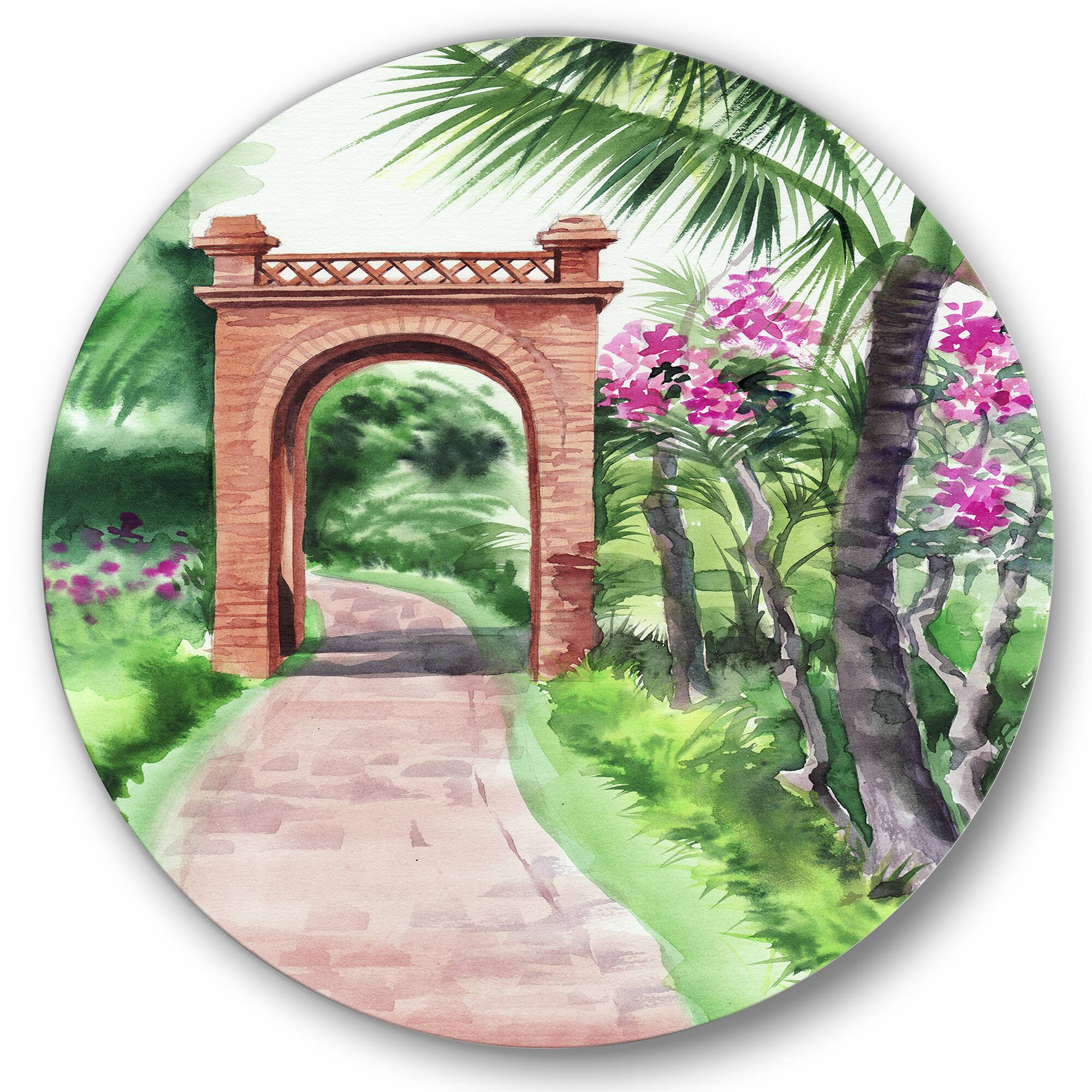 Designart - Traditional Gate In Tropical Oasis - Tropical Metal Circle Wall Art