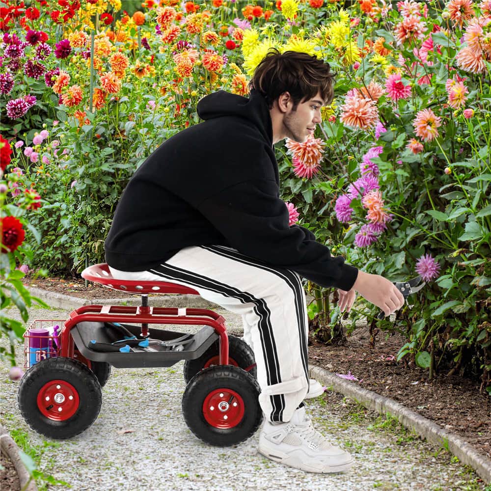 Costway Garden Cart Patio Wagon Rolling Work Seat with Tool Tray Basket