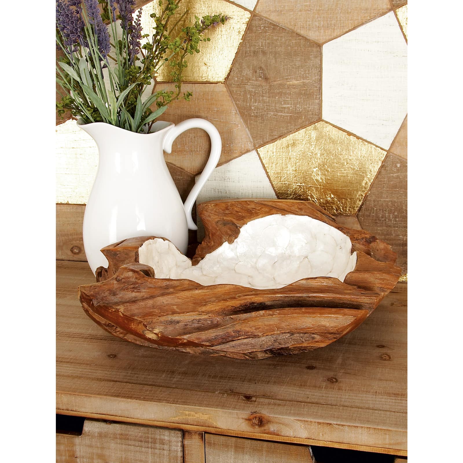 16" Natural Brown Wood and Shell Natural Decorative Bowl