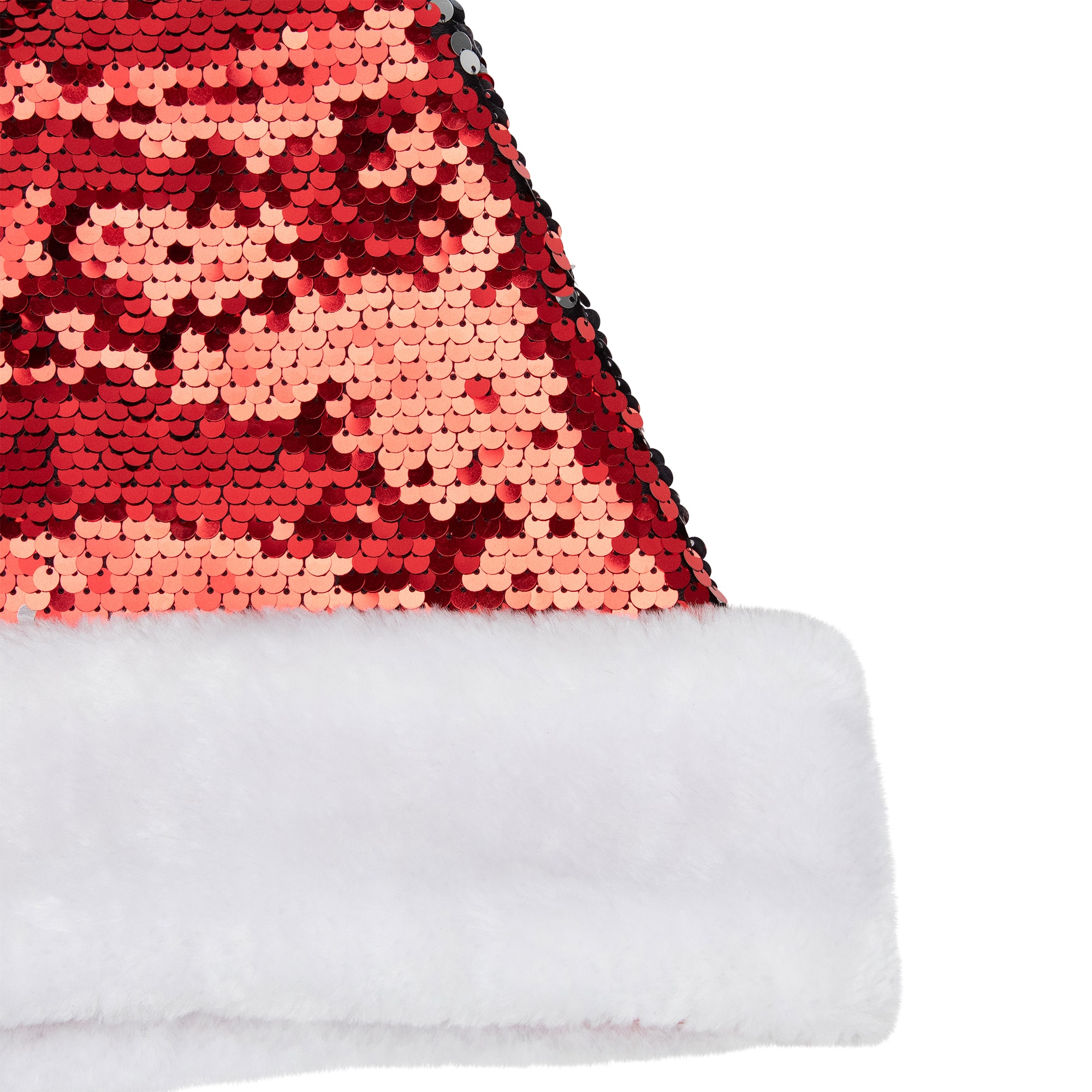 15" Red & Silver Reversible Sequined with Faux Fur Cuff Santa Hat