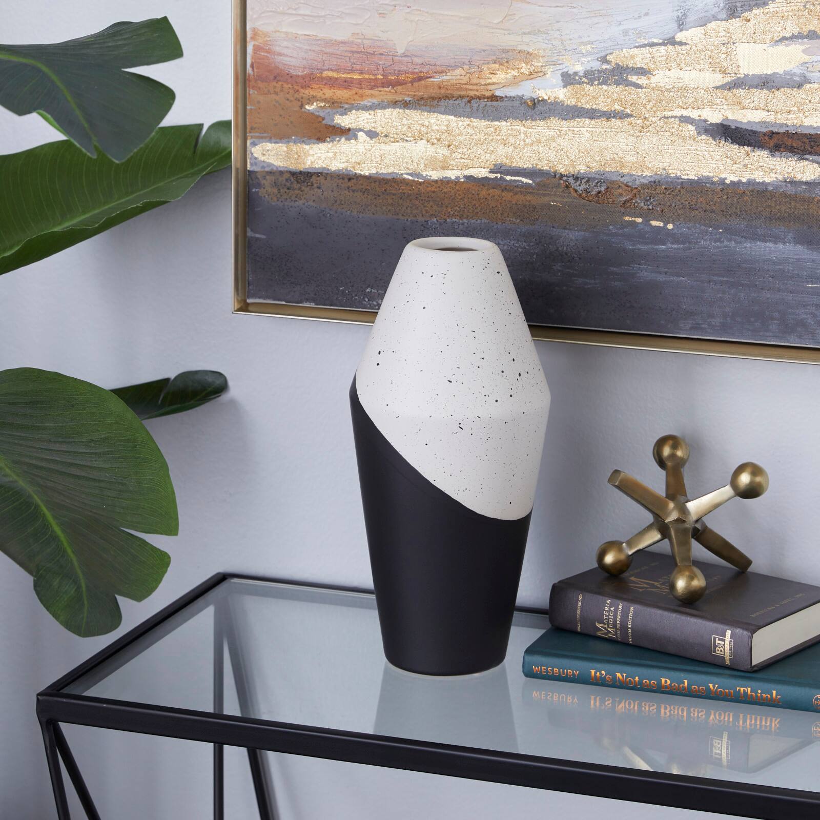 Black Ceramic Contemporary Vase, 12" x 6" x 6"