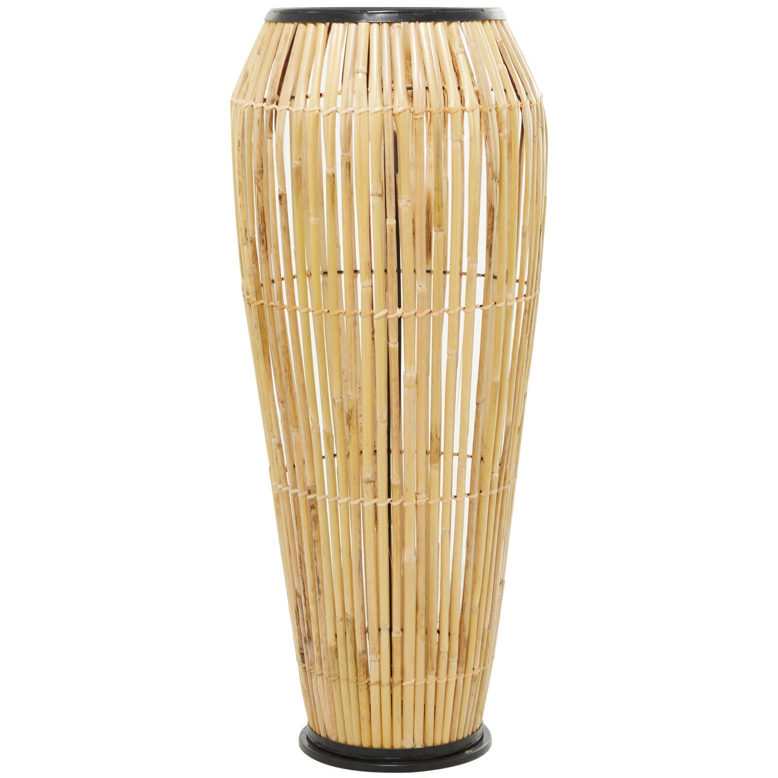 Brown Wicker Handmade Slatted Frame Vase with Black Metal Accents