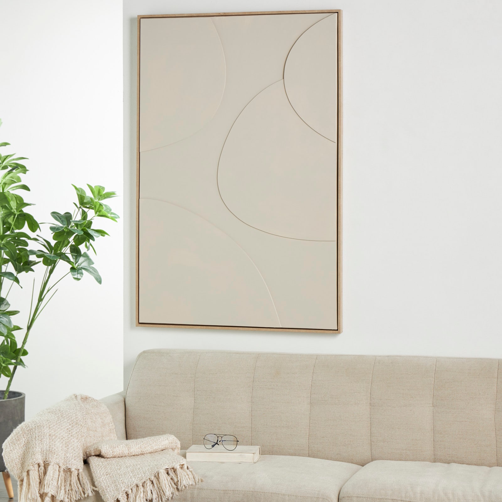 Beige Wooden Geometric Framed Wall Art with Abstract Circles and Brown Wooden Frame