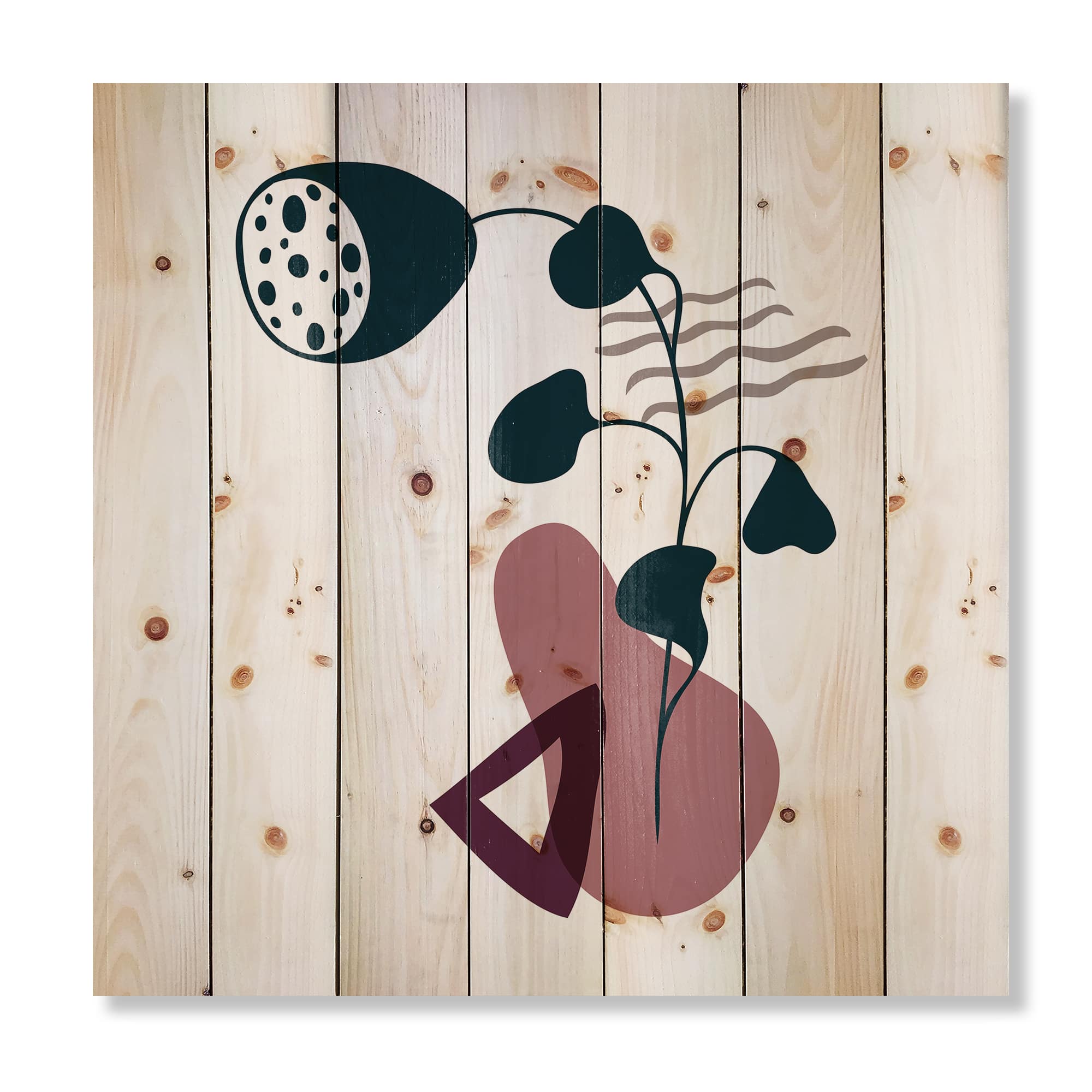 Designart - Elementary Shapes With Abstract Flowers Plants V - Modern Print on Natural Pine Wood