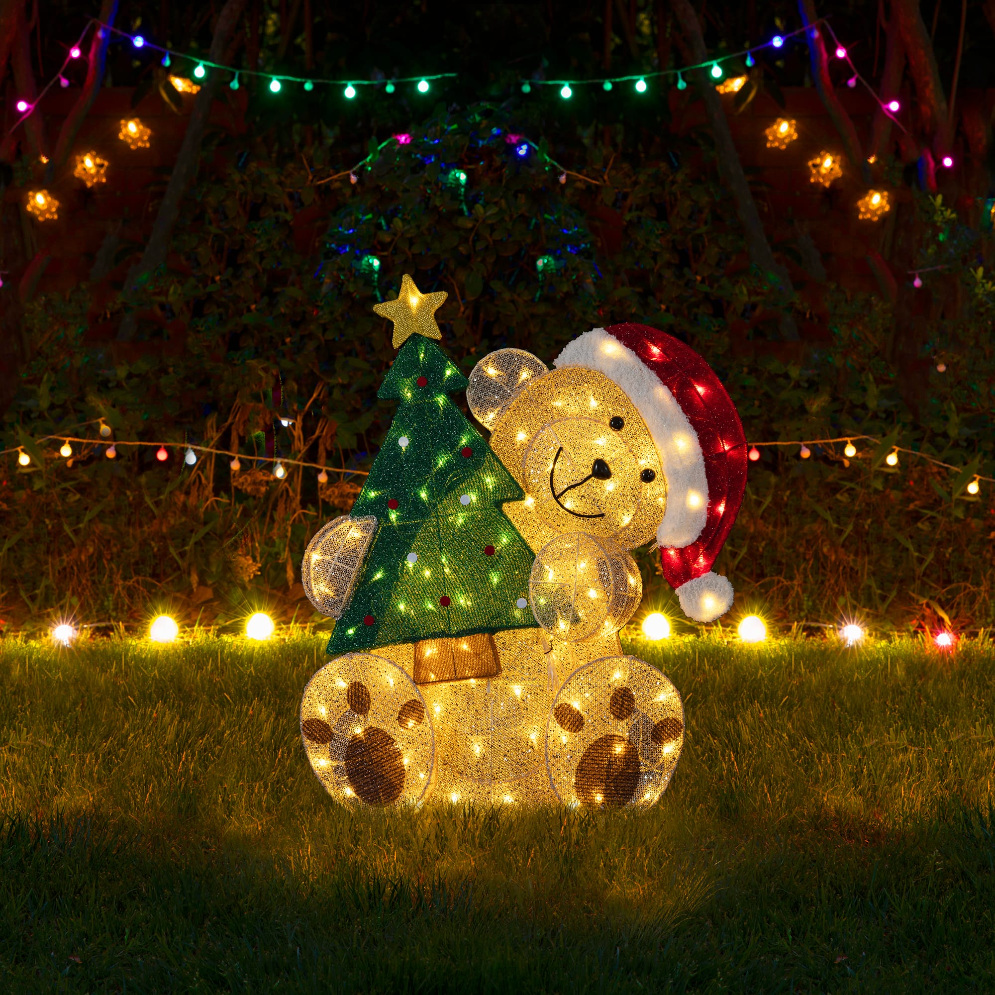 Glitzhome® 34.25" Christmas 3D Glittered Fabric Bear with Tree & 110 Warm White LED Lights