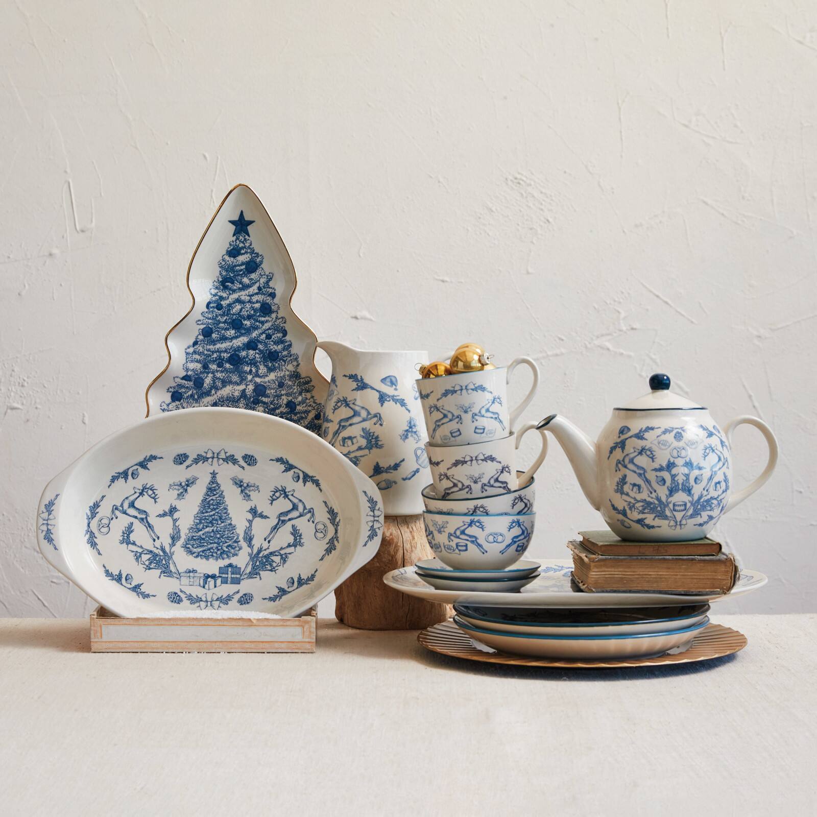 Hello Honey® 4.5" Blue & Cream Holiday Icons Stoneware Bowls, 6ct.