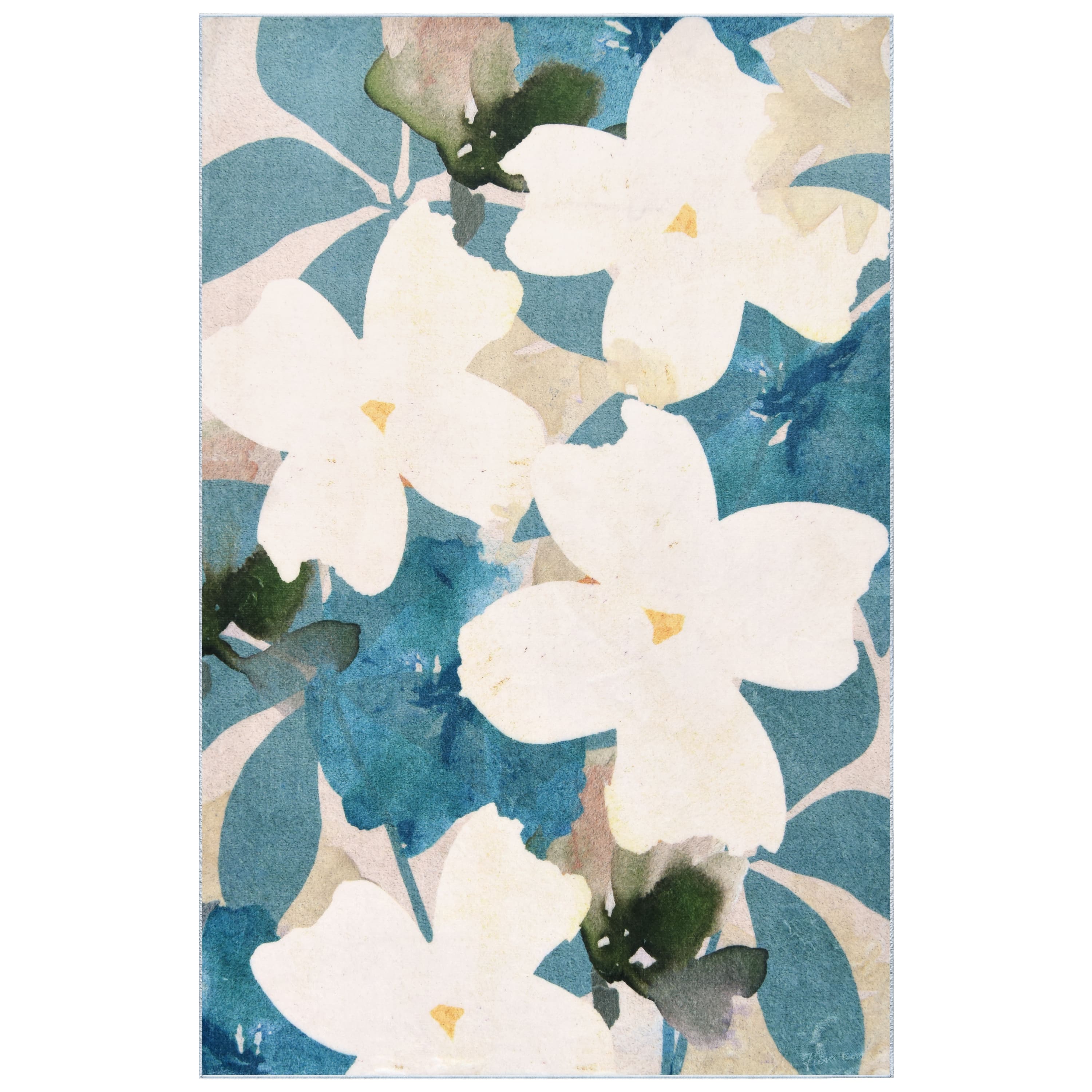 Empire Art Direct Peach 5ft.x 7.5ft. Teal Floral Washable Flowers Area Rug