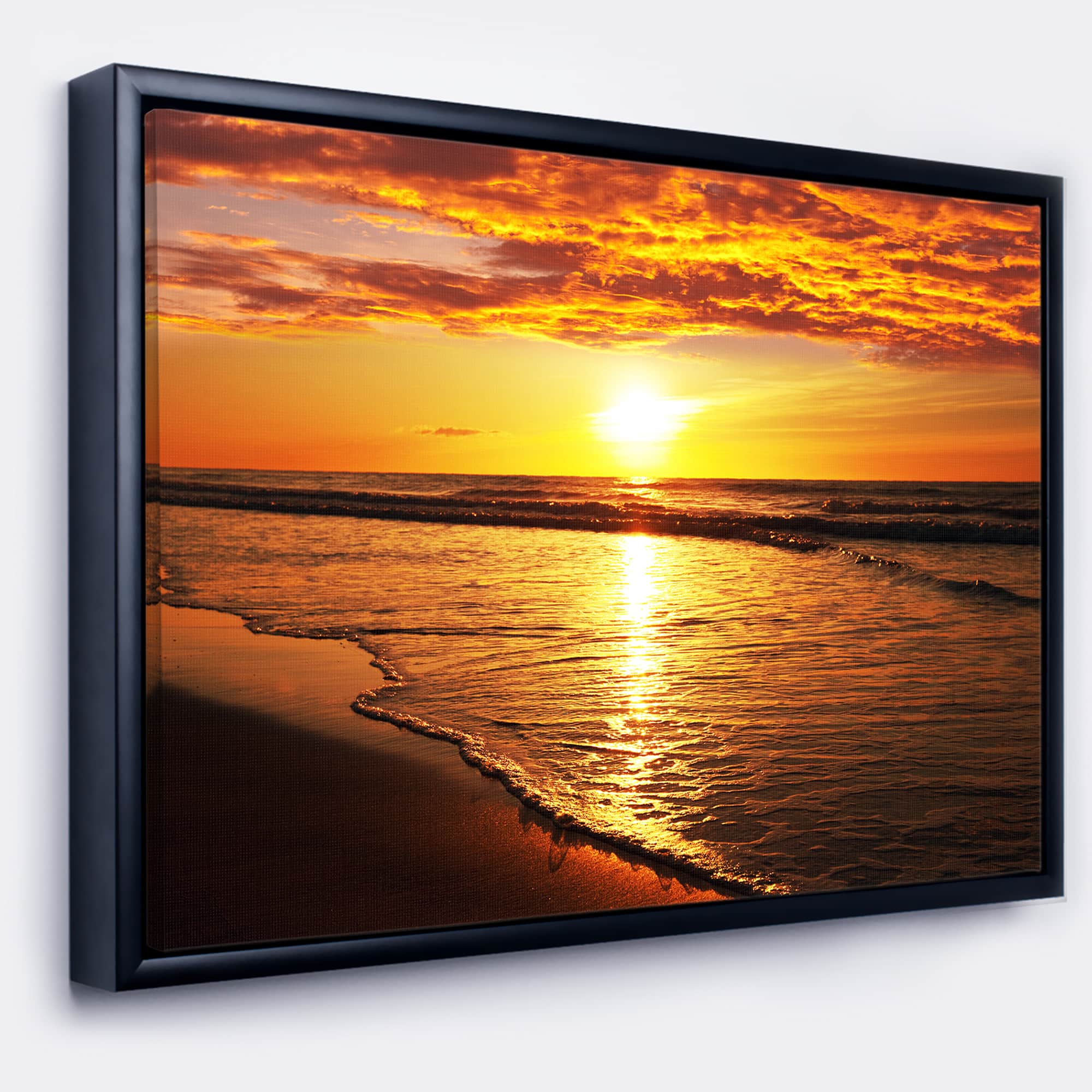 Designart - Bright Yellow Sunset over Waves - Modern Beach Canvas Art Print in Black Frame