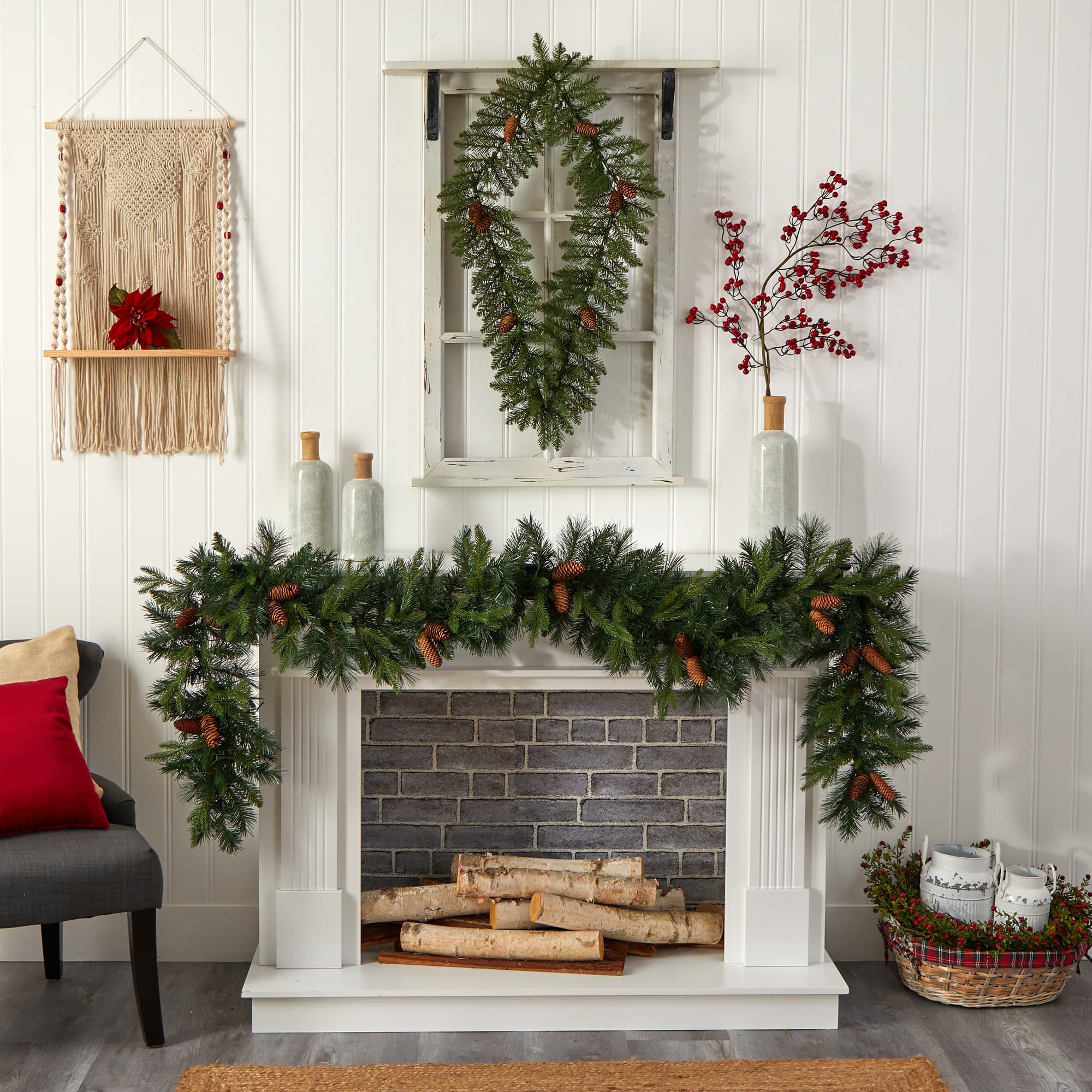 3ft. White LED Lights Holiday Geometric Christmas Diamond Wreath With Pinecones