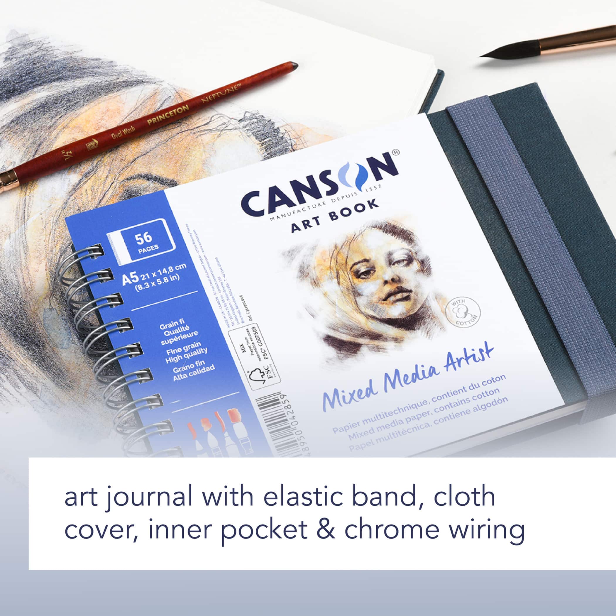 Canson Artist Series Mixed Media Art Book, Fabric Cover, Side Wire Binding, 56 Sheet
