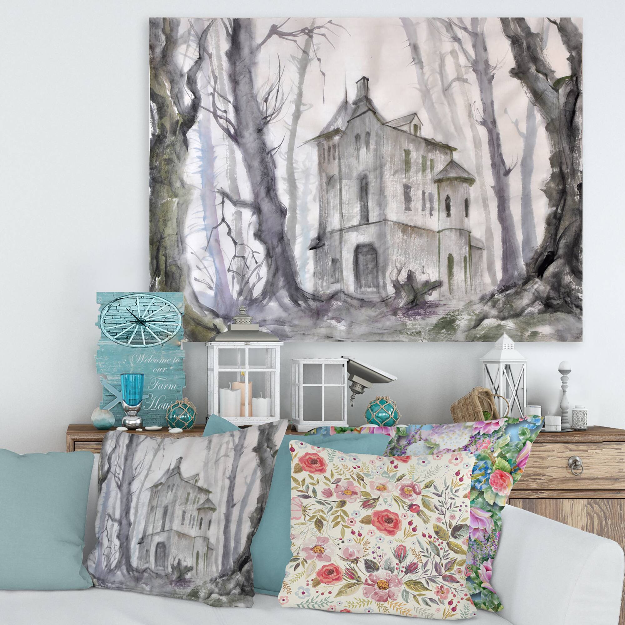 Designart - Haunted Castle In The Woods - Traditional Canvas Wall Art Print