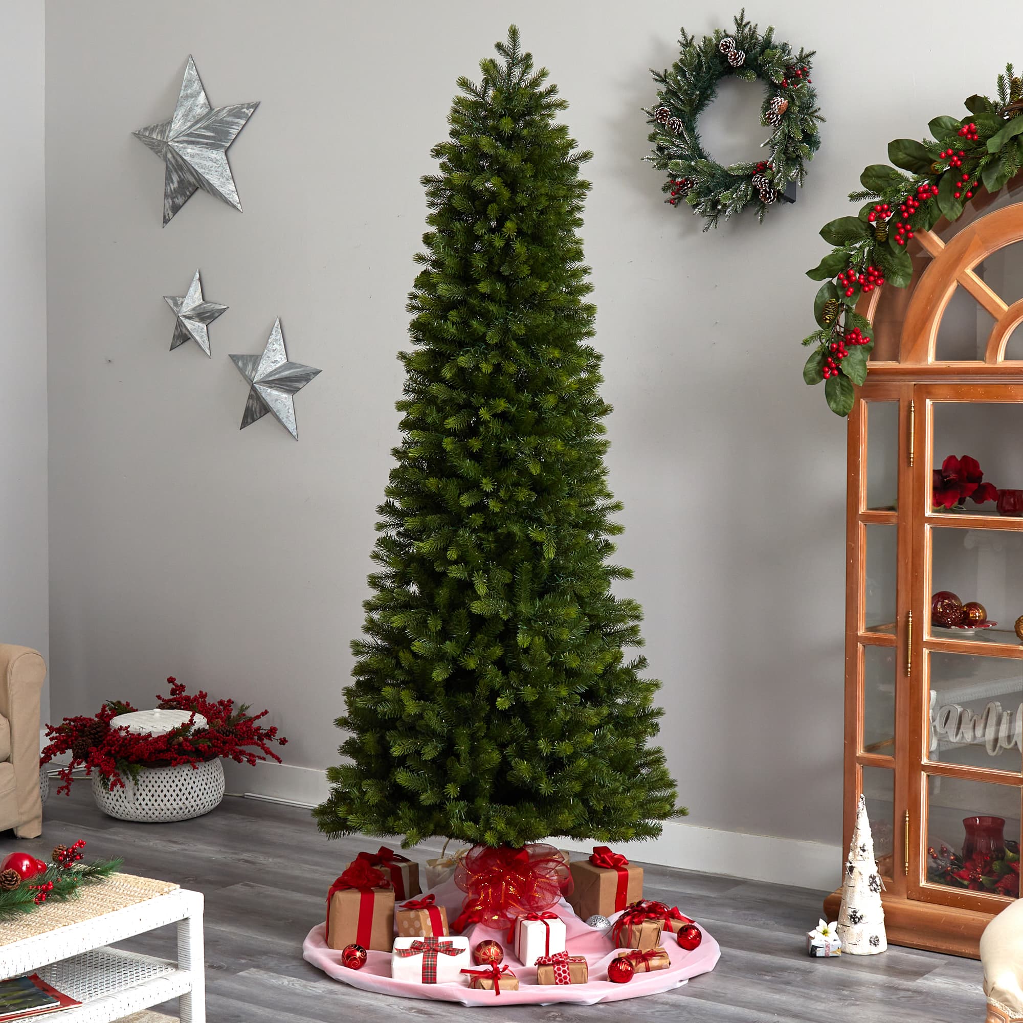 8.5ft. Pre-Lit Slim Colorado Mountain Spruce Artificial Christmas Tree, Multifunction White Micro LED Lights