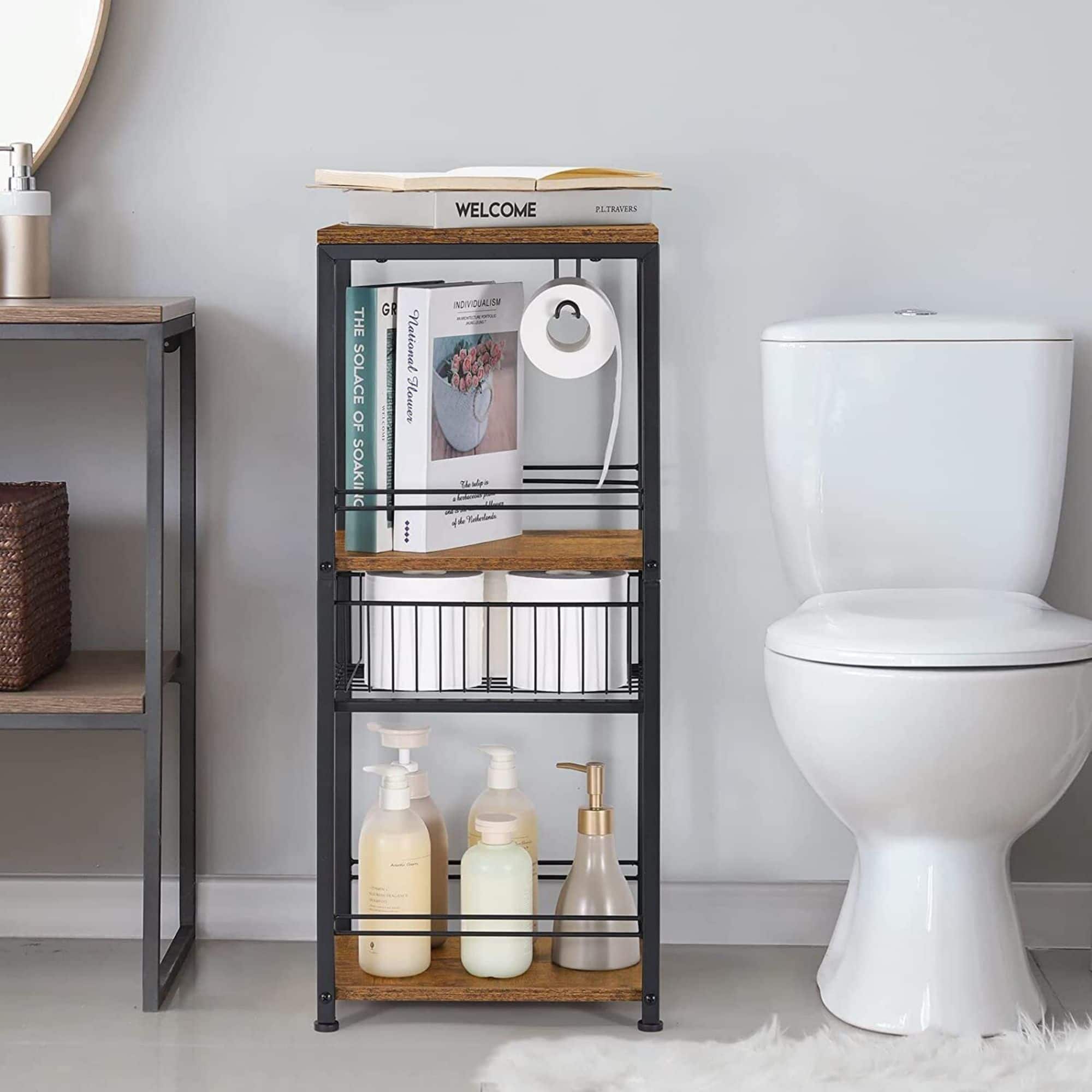 NEX™ 28" Freestanding 3-Tier Storage Shelf with Basket Drawer & Toilet Paper Holder