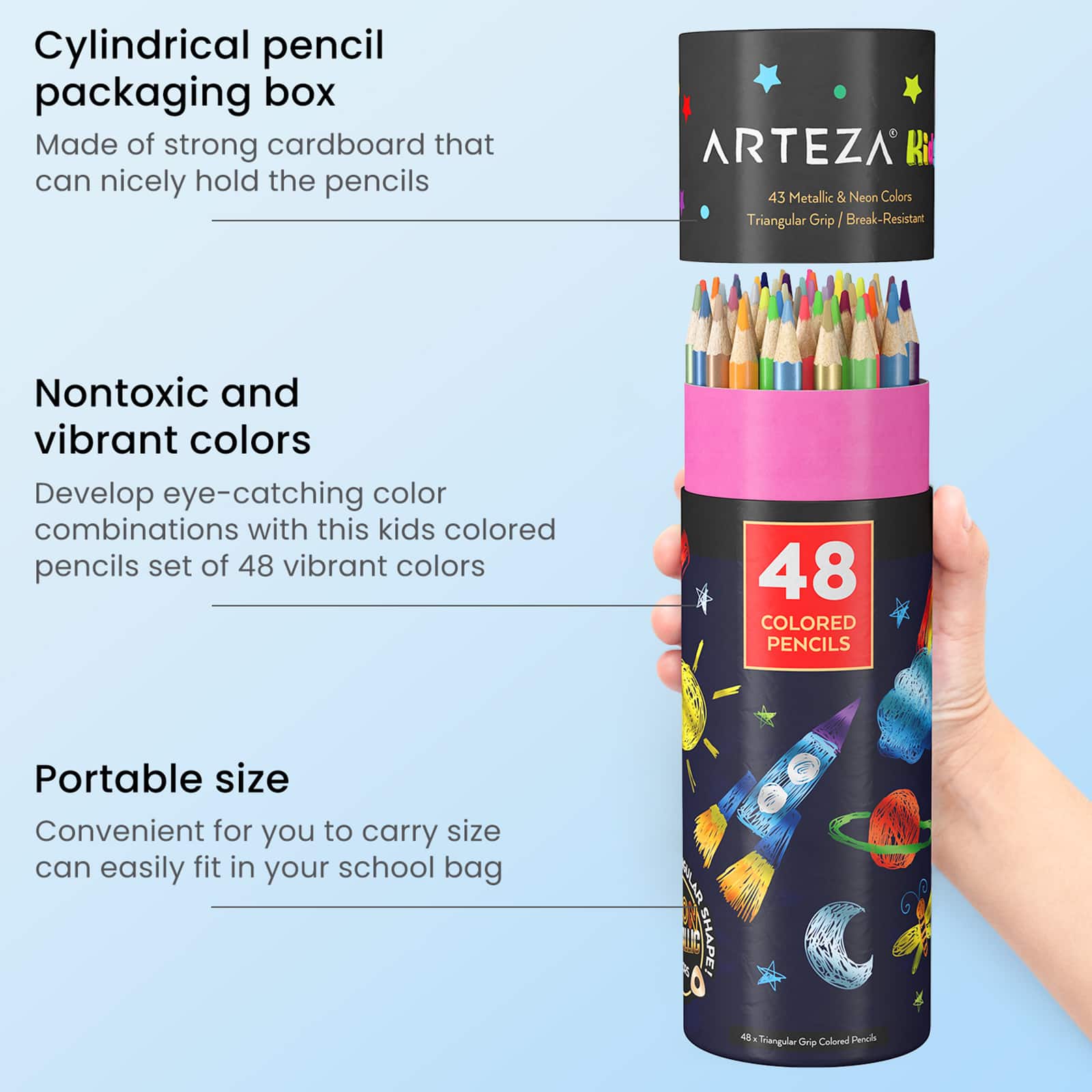 Arteza® Kids Colored Triangular Pencils, Metallic and Neon Colors, set of 48 pcs