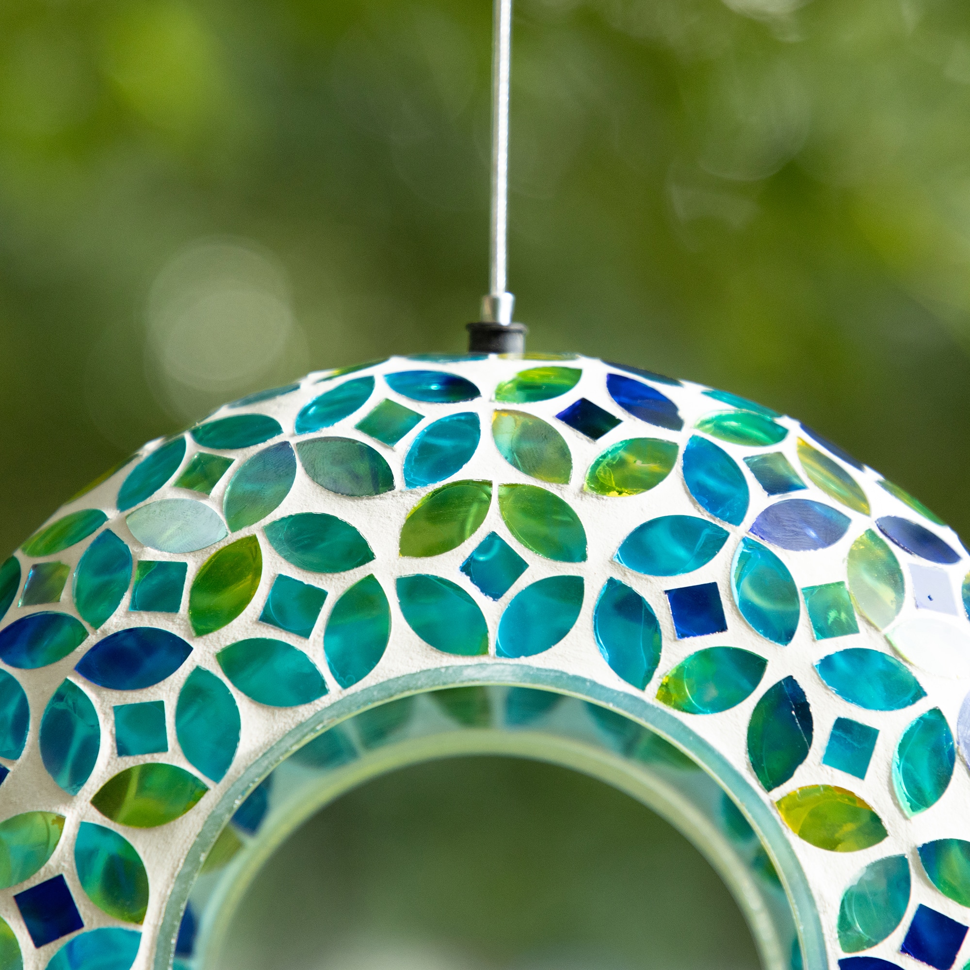 Glitzhome® 8" Glass Round Hanging Blue & Green Mosaic Birdfeeder