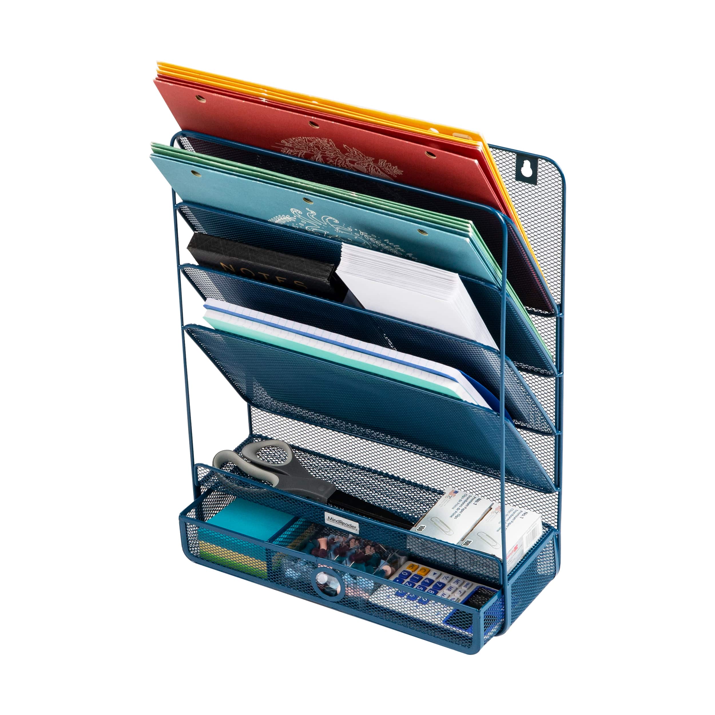 Mind Reader 4-Tier Vertical File Storage, Desktop Organizer, Wall Mount, Office, Metal Mesh, 12.5"L x 4"W x 16.5"H, Turquoise