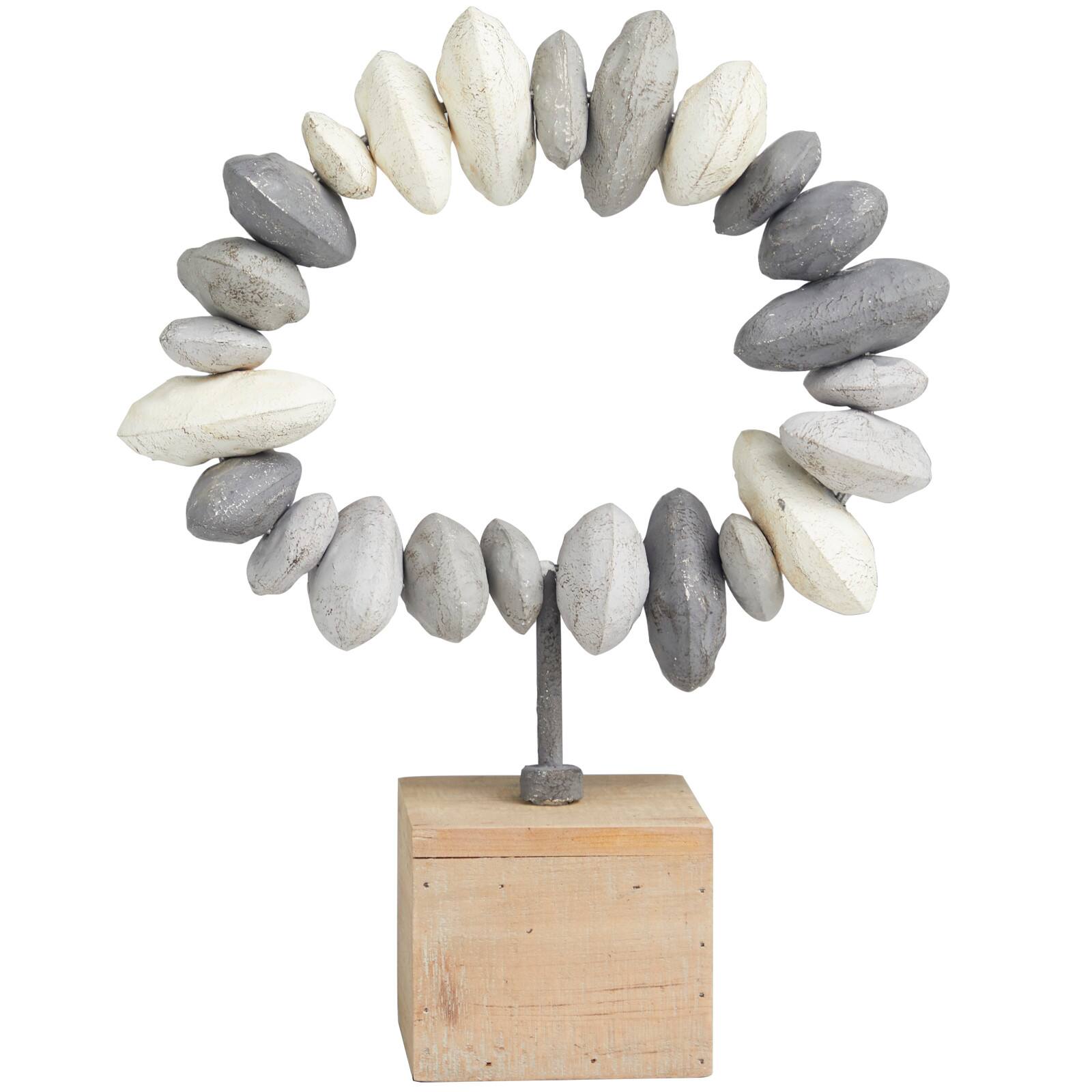 14" Gray Metal Circular Stone Abstract Sculpture with Brown Wooden Base