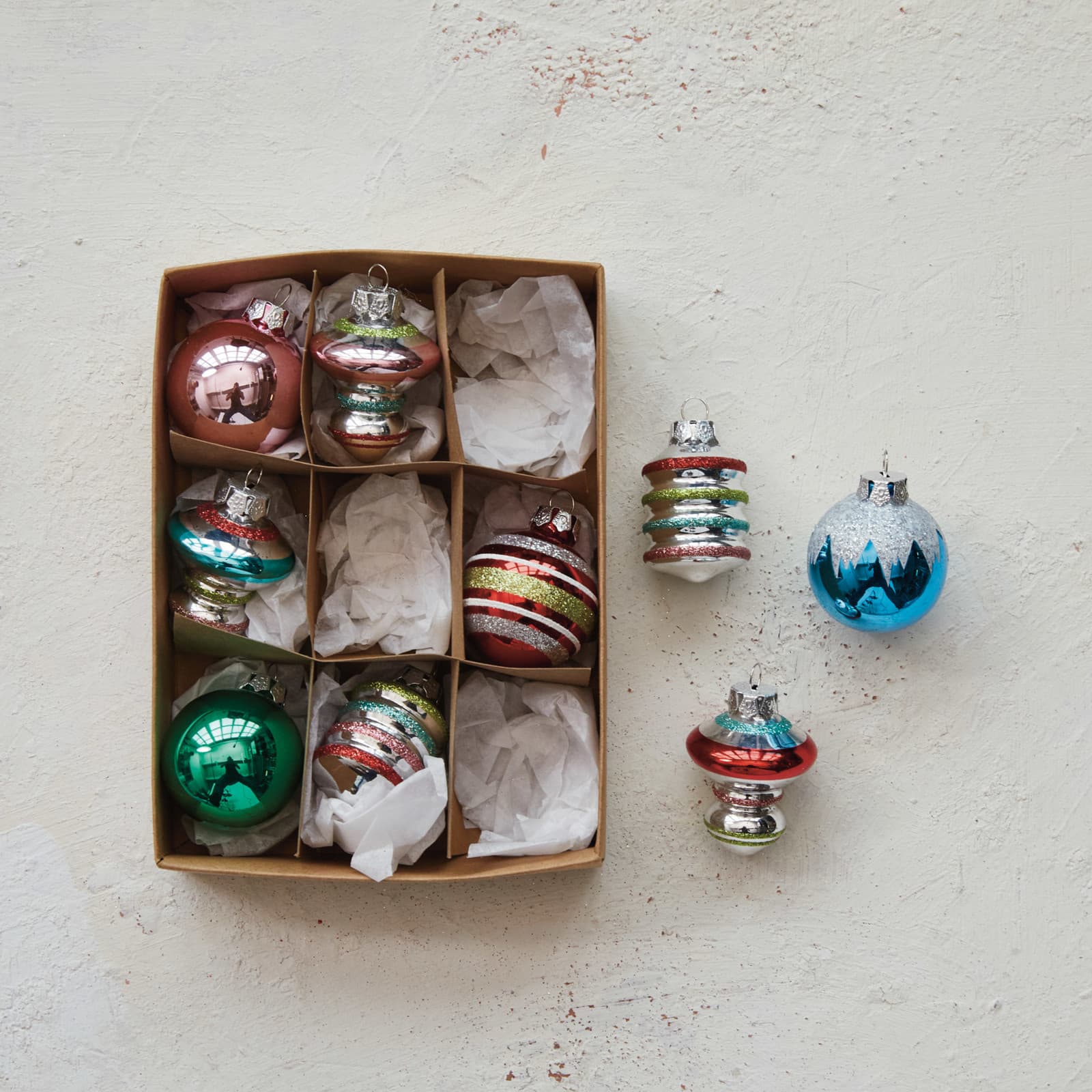 Hello Honey® Glitter & Stripes 9 Piece Hand-Painted Glass Ornament Set