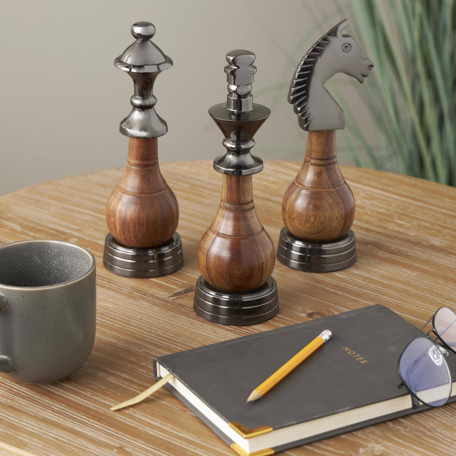 9" Dark Gray & Brown Aluminum & Mango Wood Chess Piece Sculpture Set