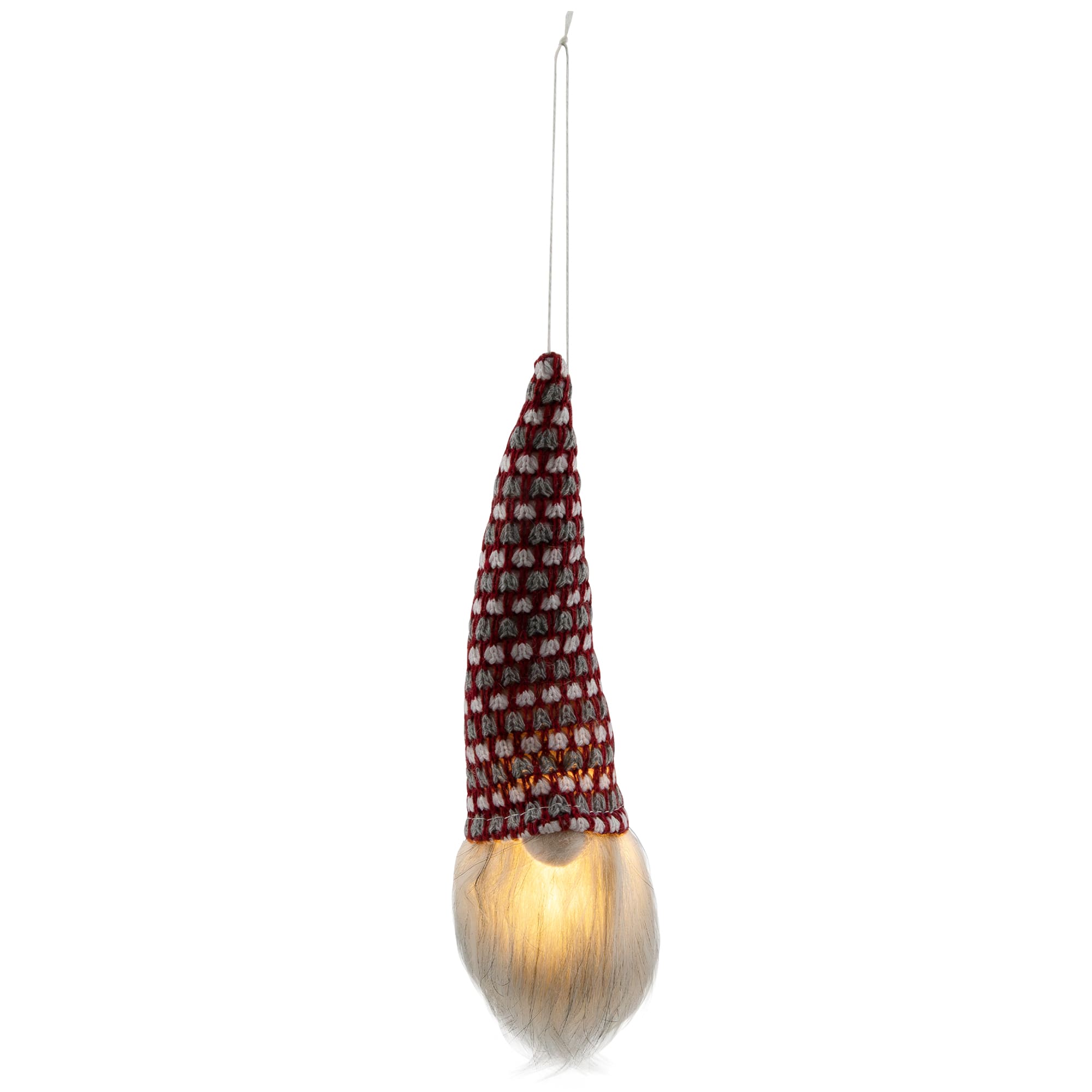 8" Red, White & Gray Knit Gnome Head LED Ornament