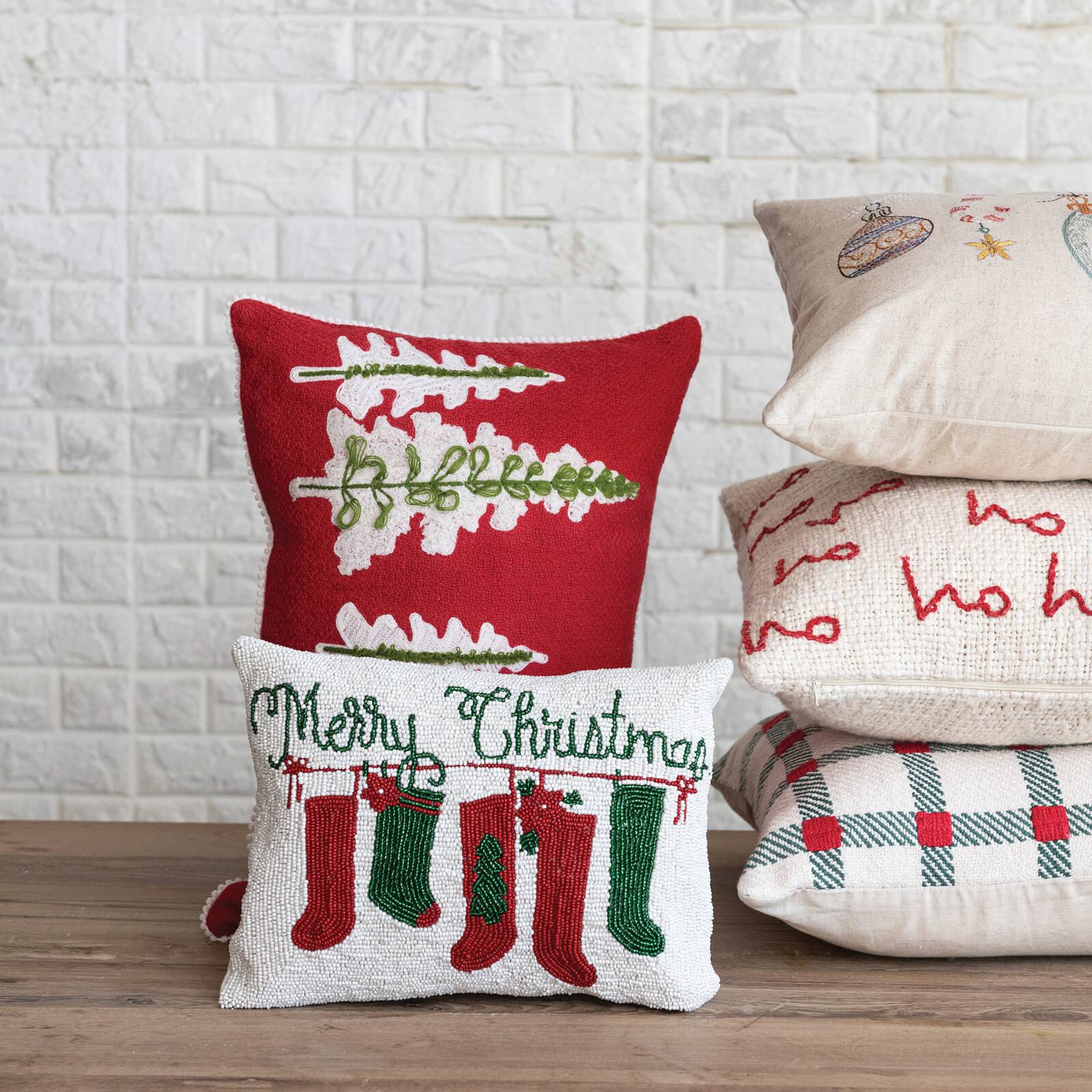 Hello Honey® 14" x 10" Merry Christmas Cotton Beaded Lumbar Pillow with Stockings & Velvet Back