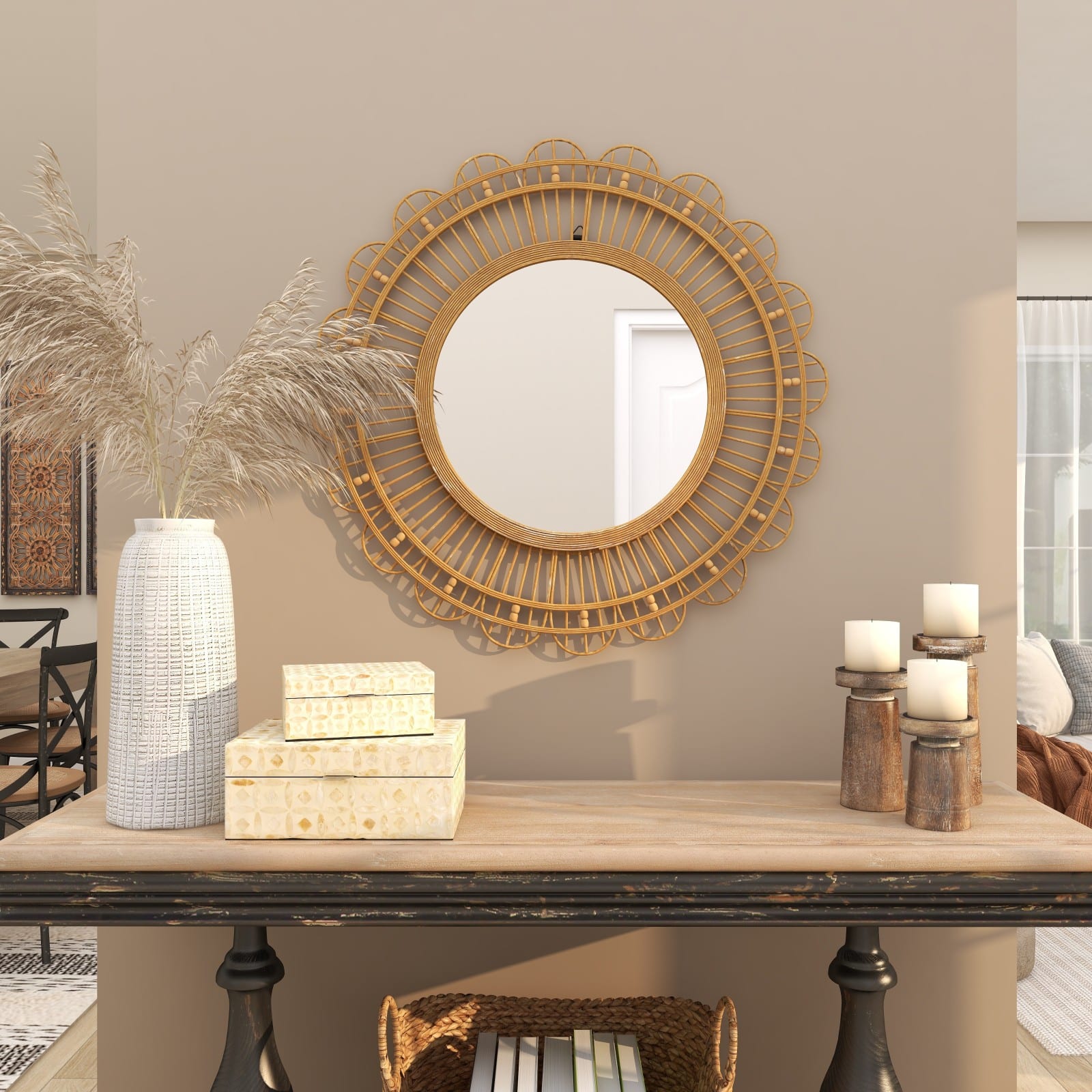 35" Brown Handmade Bamboo Woven Wall Mirror with Beaded Accents